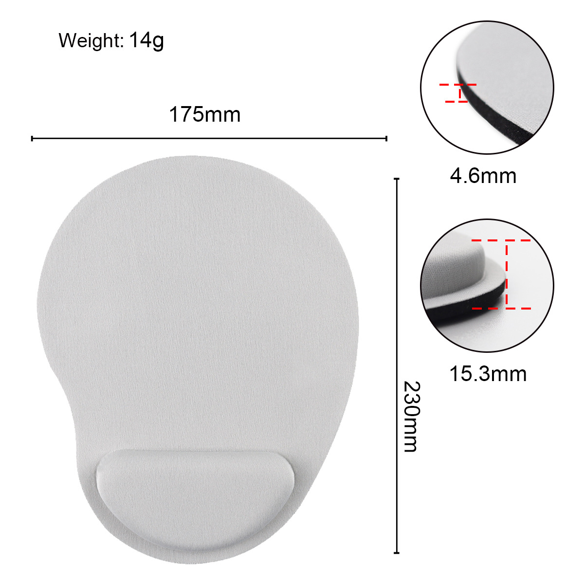 Graue Handballenauflage für Maus, 175x230mm, 14g Gewicht, 4,6mm & 15,3mm Dicke.