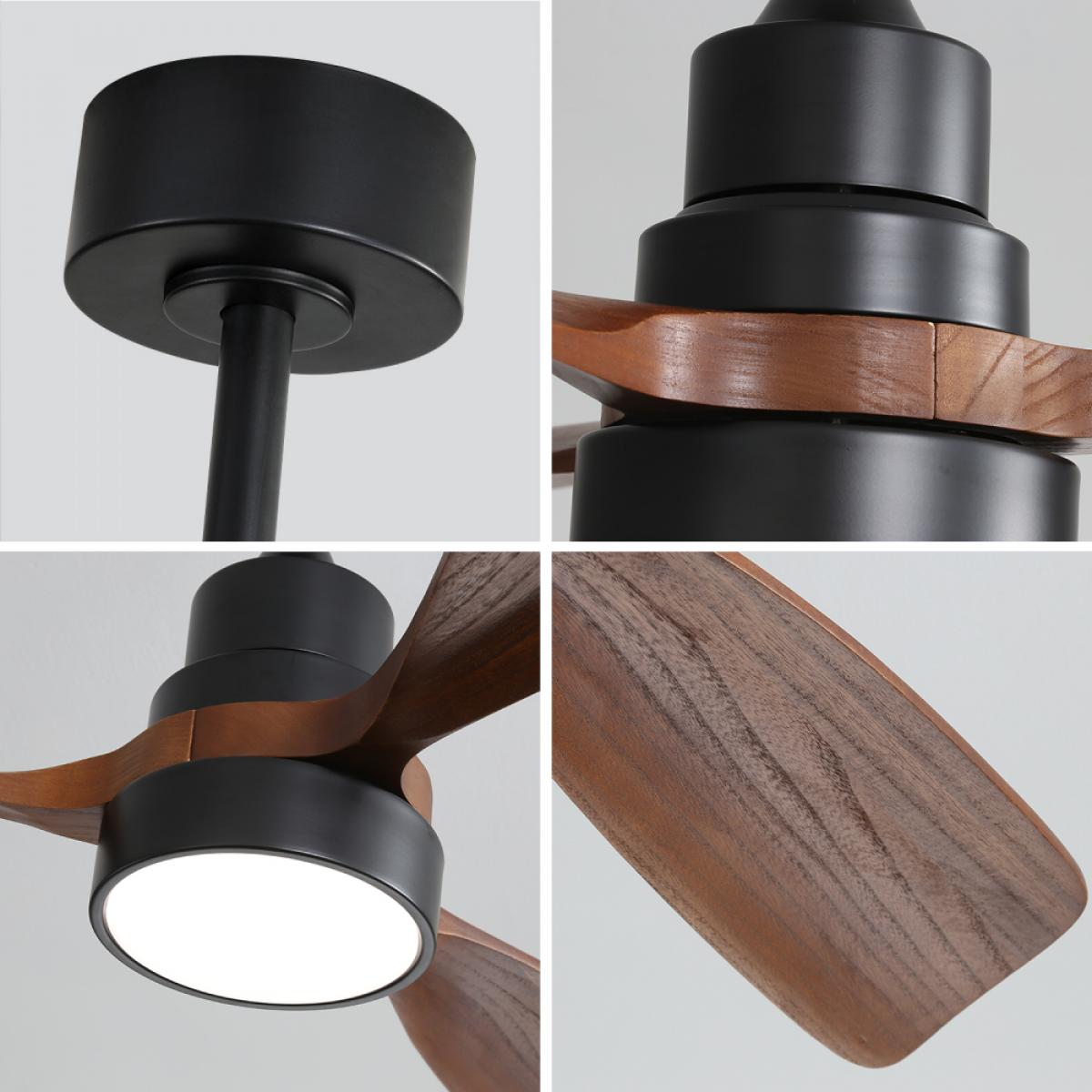 Nahaufnahmen eines schwarzen Deckenventilators aus Holz, Motor, Flügel und Licht.