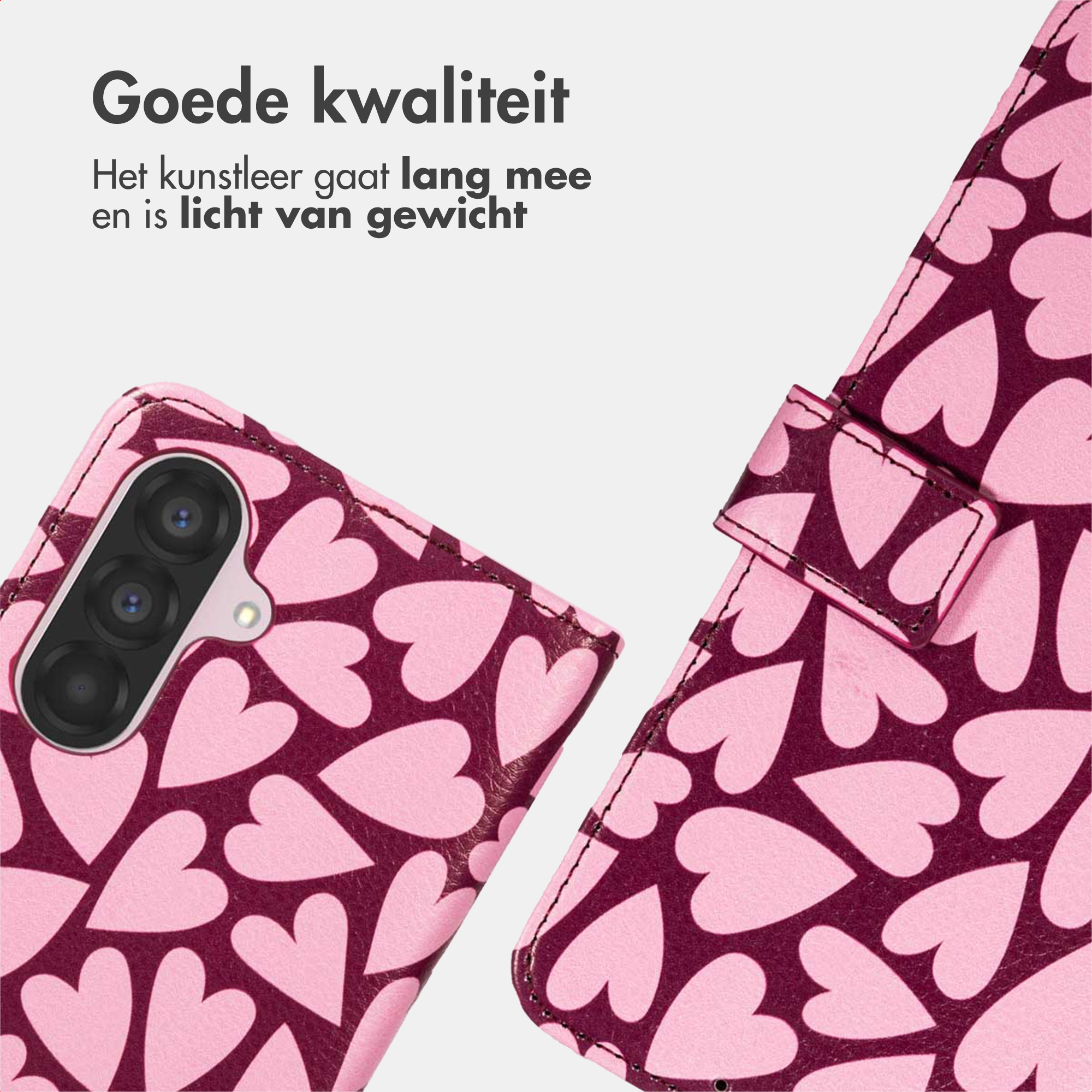 Custodia rosa per telefono con motivo a cuore e modulo fotocamera.