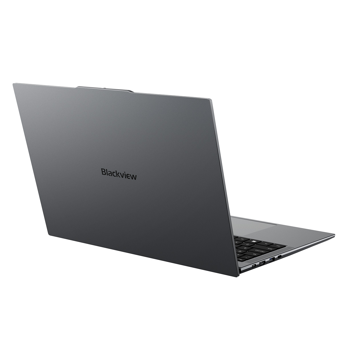 Ein geschlossener grauer Laptop mit dem Blackview-Logo auf dem Deckel, von hinten gesehen.