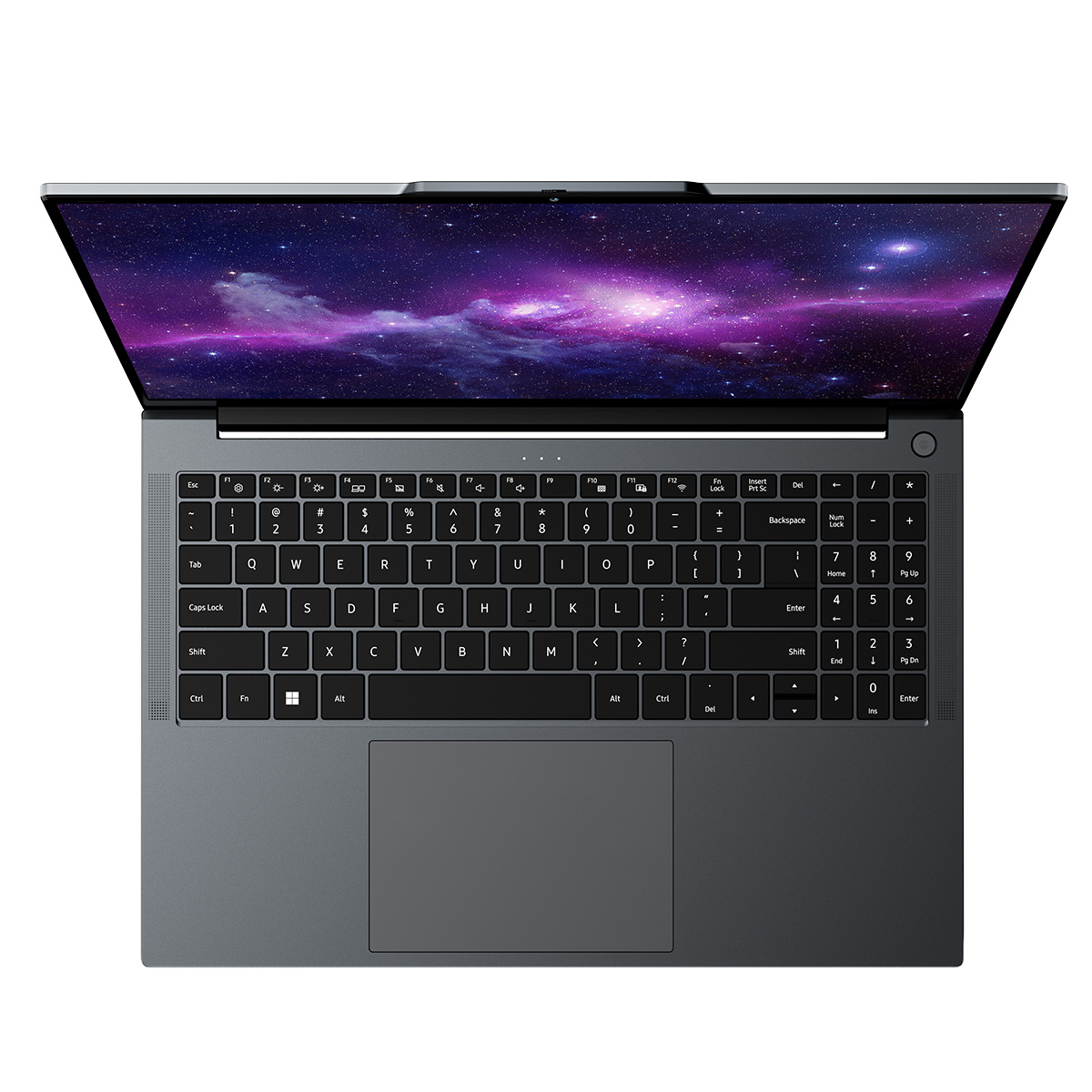 Geöffneter grauer Laptop mit lila Galaxytapete auf dem Bildschirm, schwarze Tastatur.