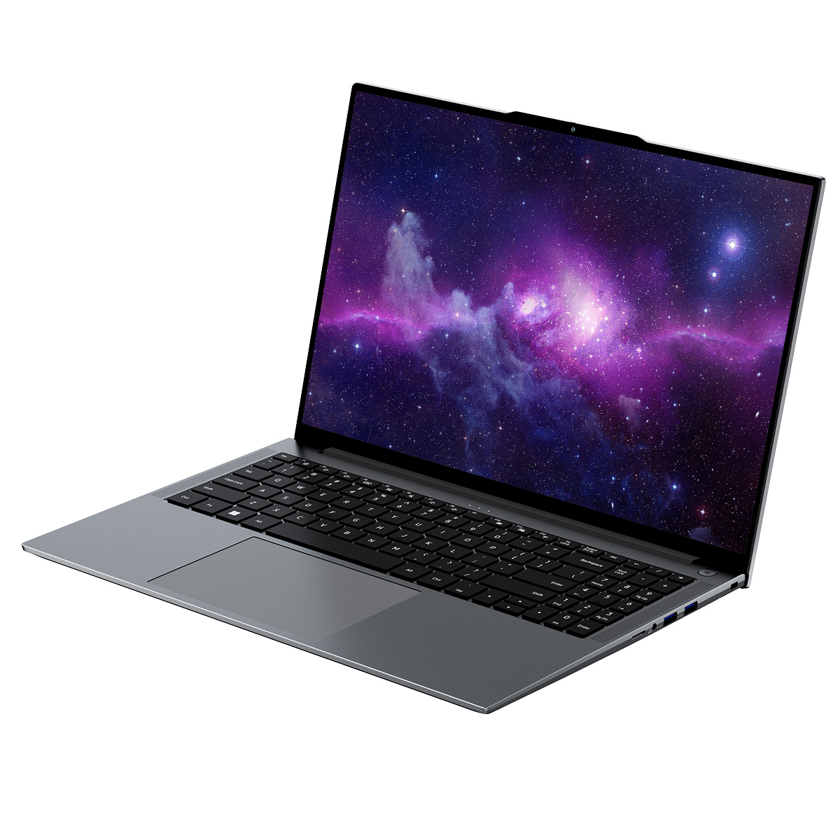 Ein geöffneter Laptop mit einem Weltraum-Hintergrundbild auf dem Bildschirm.