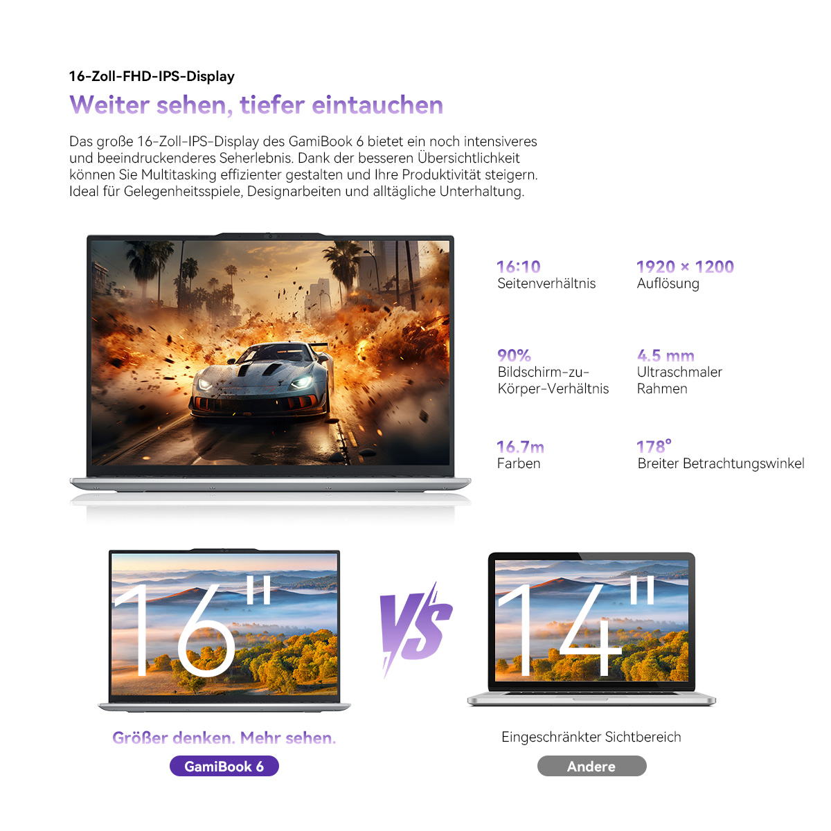 Laptop mit 16-Zoll-Display, das ein Auto zeigt, und Vergleich mit 14-Zoll-Laptop.