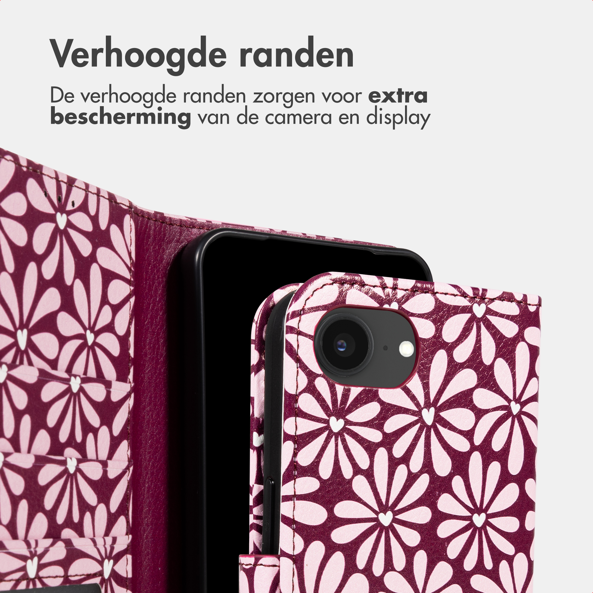 Una custodia per telefono rosso scuro con motivo floreale bianco e apertura fotocamera.