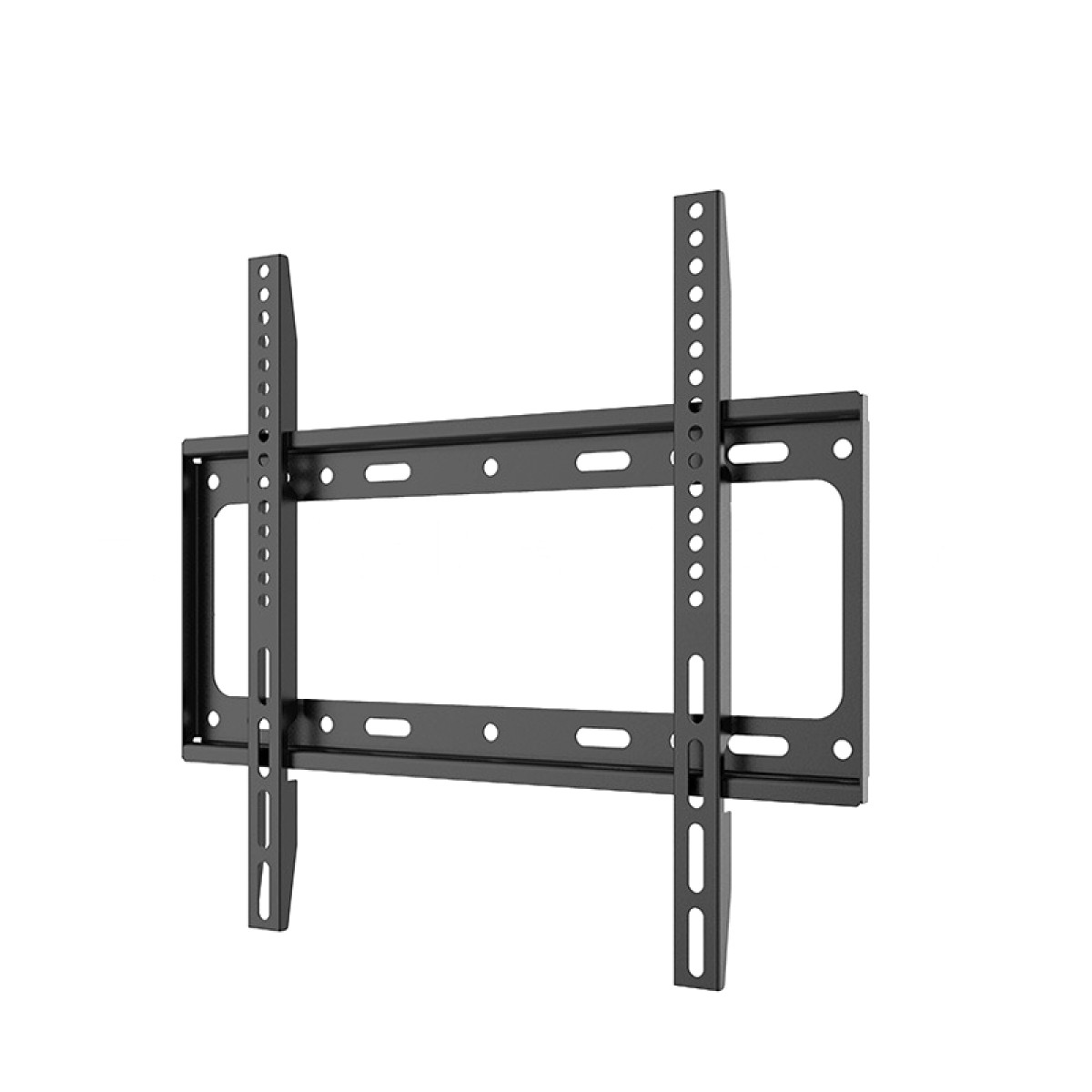 Supporto da parete nero regolabile per TV a schermo piatto con guide verticali.