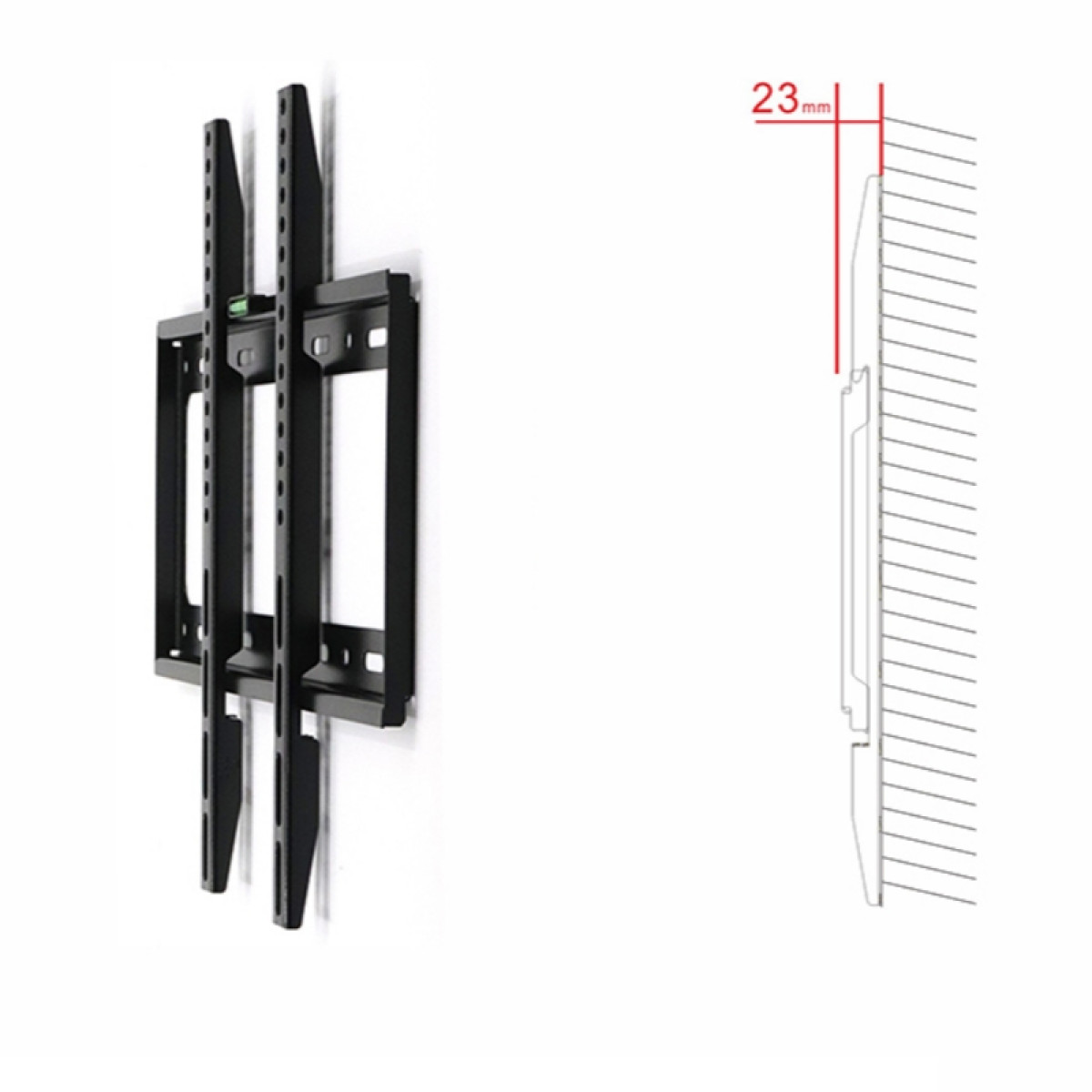 Un supporto da parete TV nero su un muro, accanto una vista laterale con dimensioni.