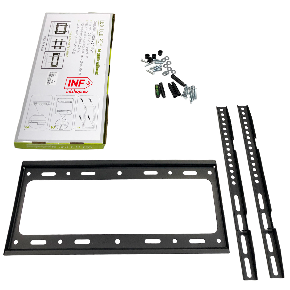 Kit supporto da parete TV LED LCD con viti e istruzioni su una scatola.