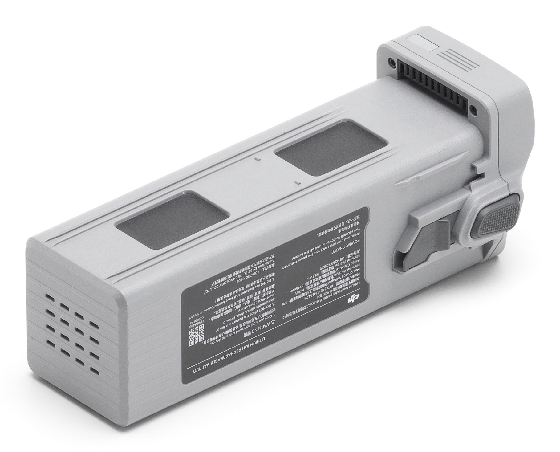 Batteria grigia agli ioni di litio con indicatori di carica ed etichette, su sfondo bianco.