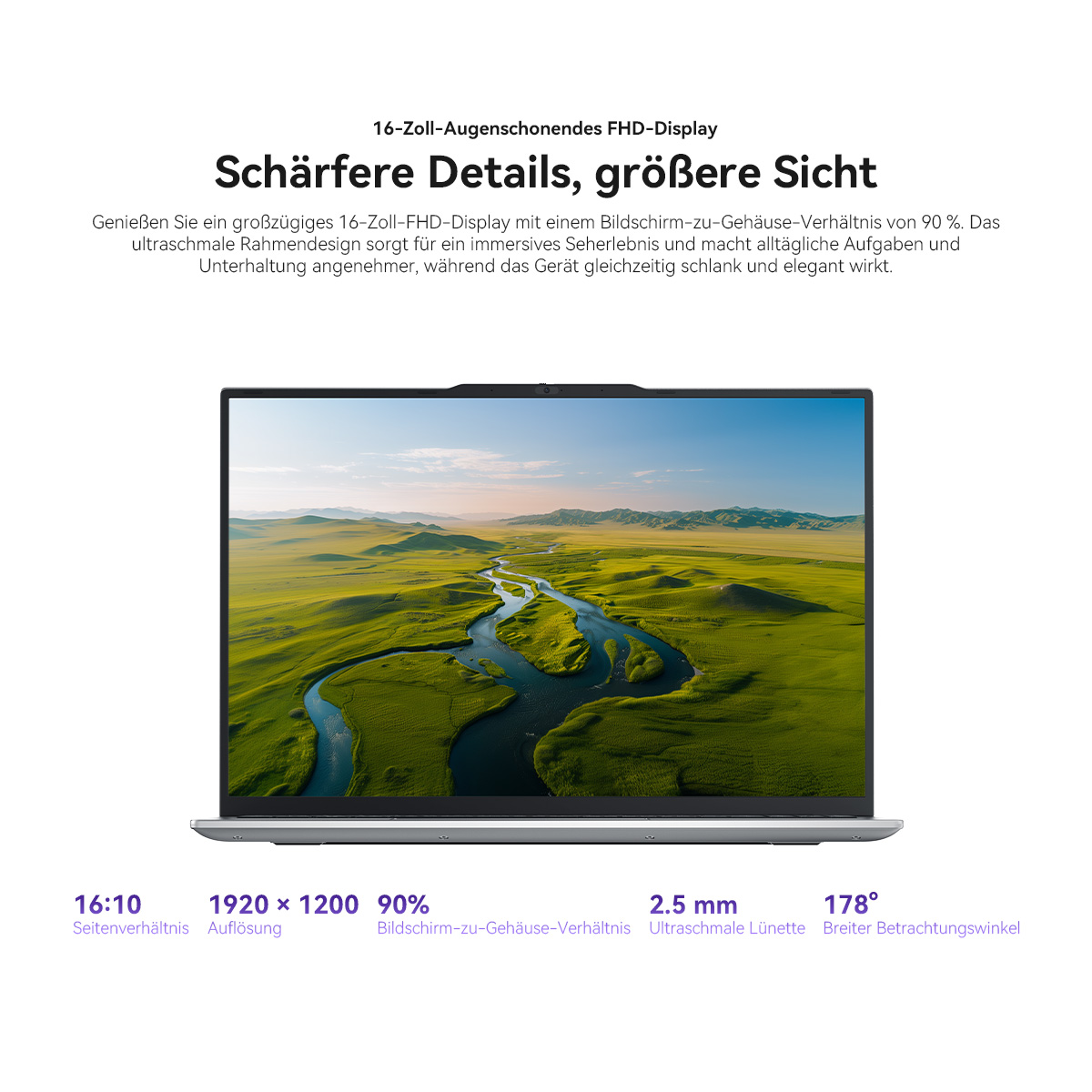 Ein Laptop mit einem 16-Zoll-FHD-Display, das eine weite Landschaft zeigt.