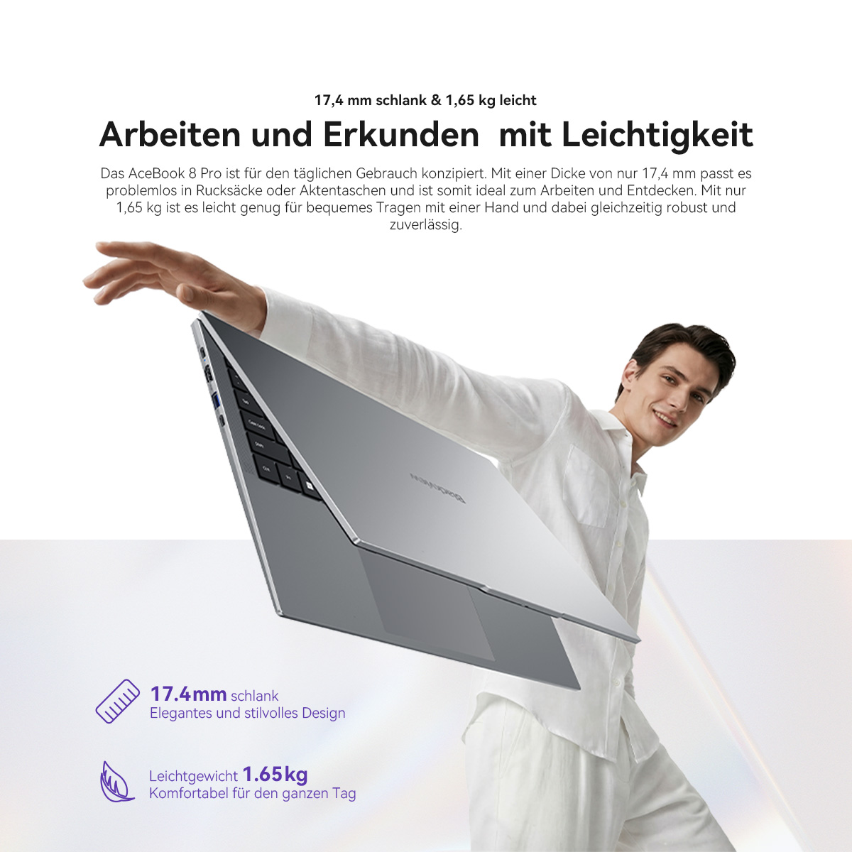 Ein Mann in weißem Hemd und Hose hält einen dünnen, silbernen Laptop und lächelt in die Kamera. Text beschreibt Funktionen.
