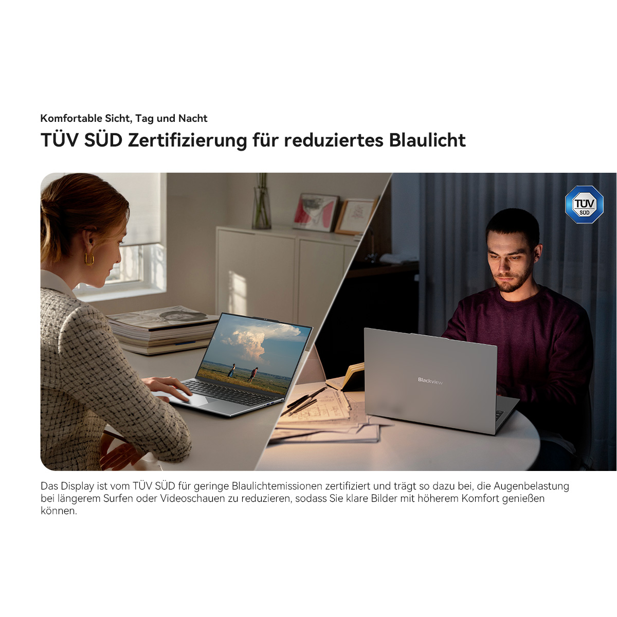 Frau und Mann nutzen Laptops; TÜV SÜD Siegel.