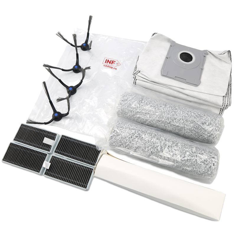 Een set stofzuigeraccessoires: vier zwarte zijborstels, vier zwarte filters, twee grijze rolborstels en twee stofzakken.