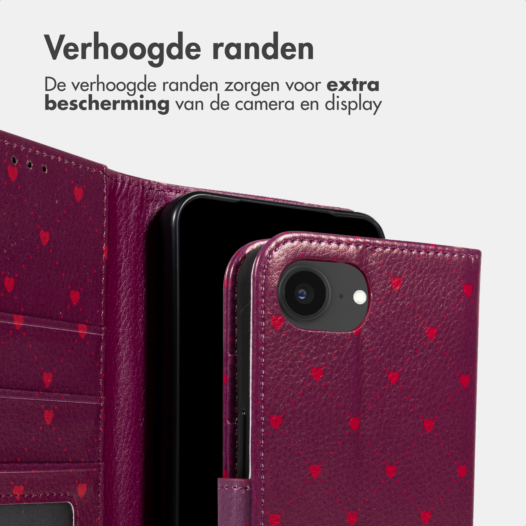 Custodia viola per telefono con cuori rossi, protegge la fotocamera.