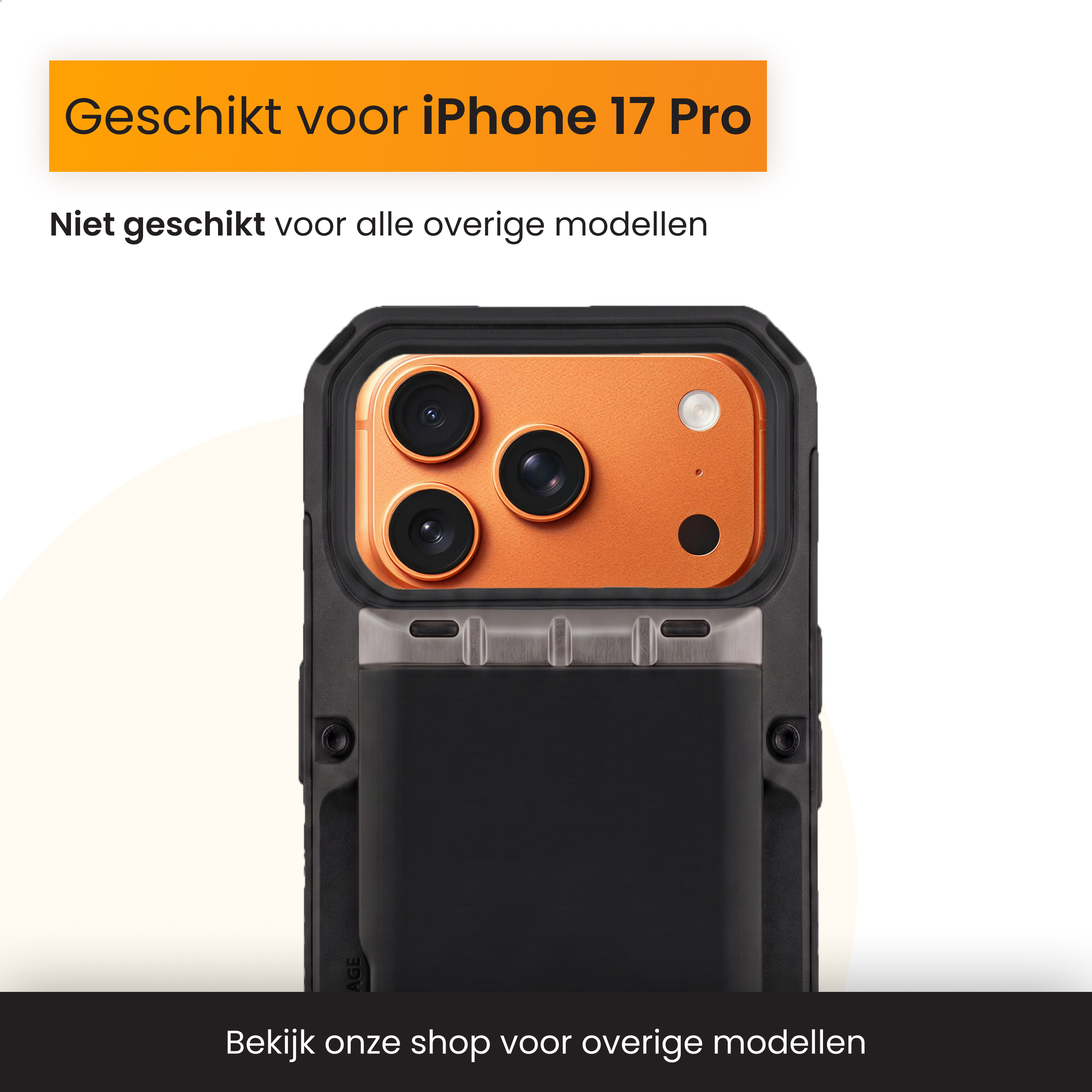 Black case with three camera lenses and flash on an orange background.