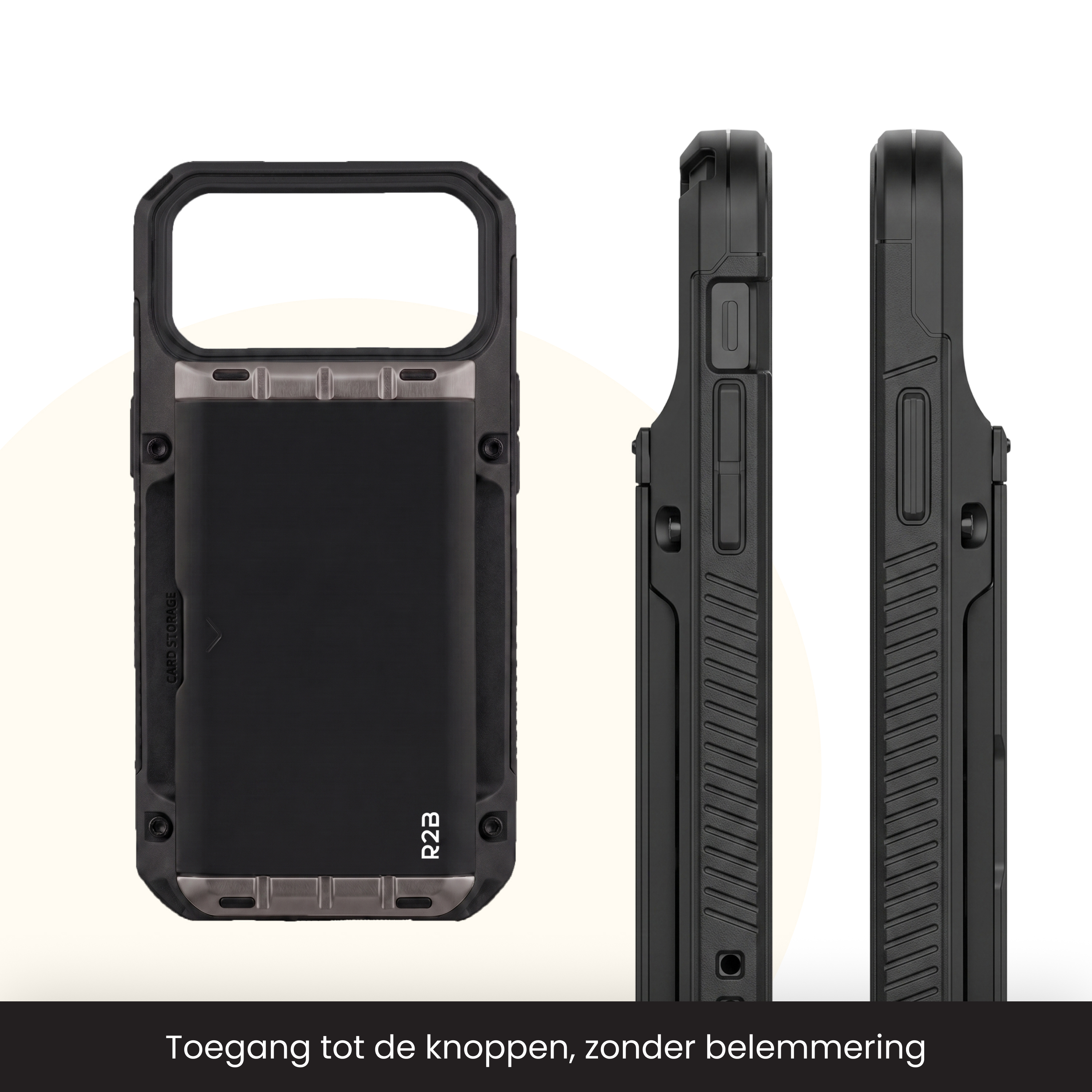 Zwarte telefoonhoes met kaarthouder, zijaanzichten en tekst.