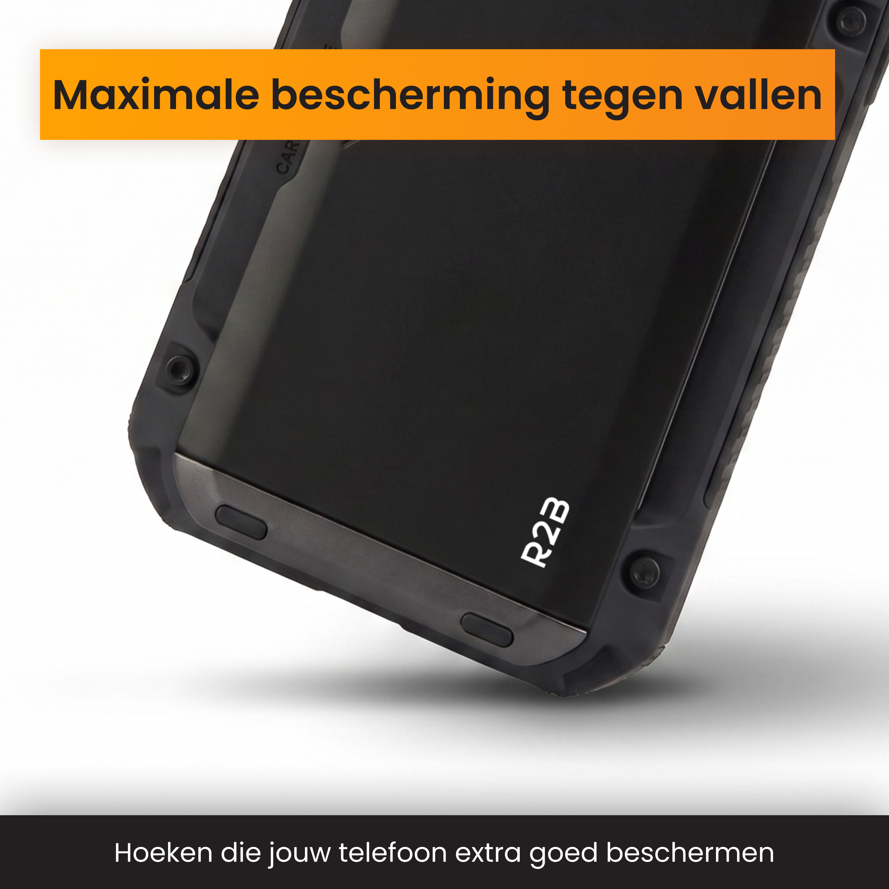 Zwarte telefoonhoes met R2B-logo en oranje tekstvak bovenaan.