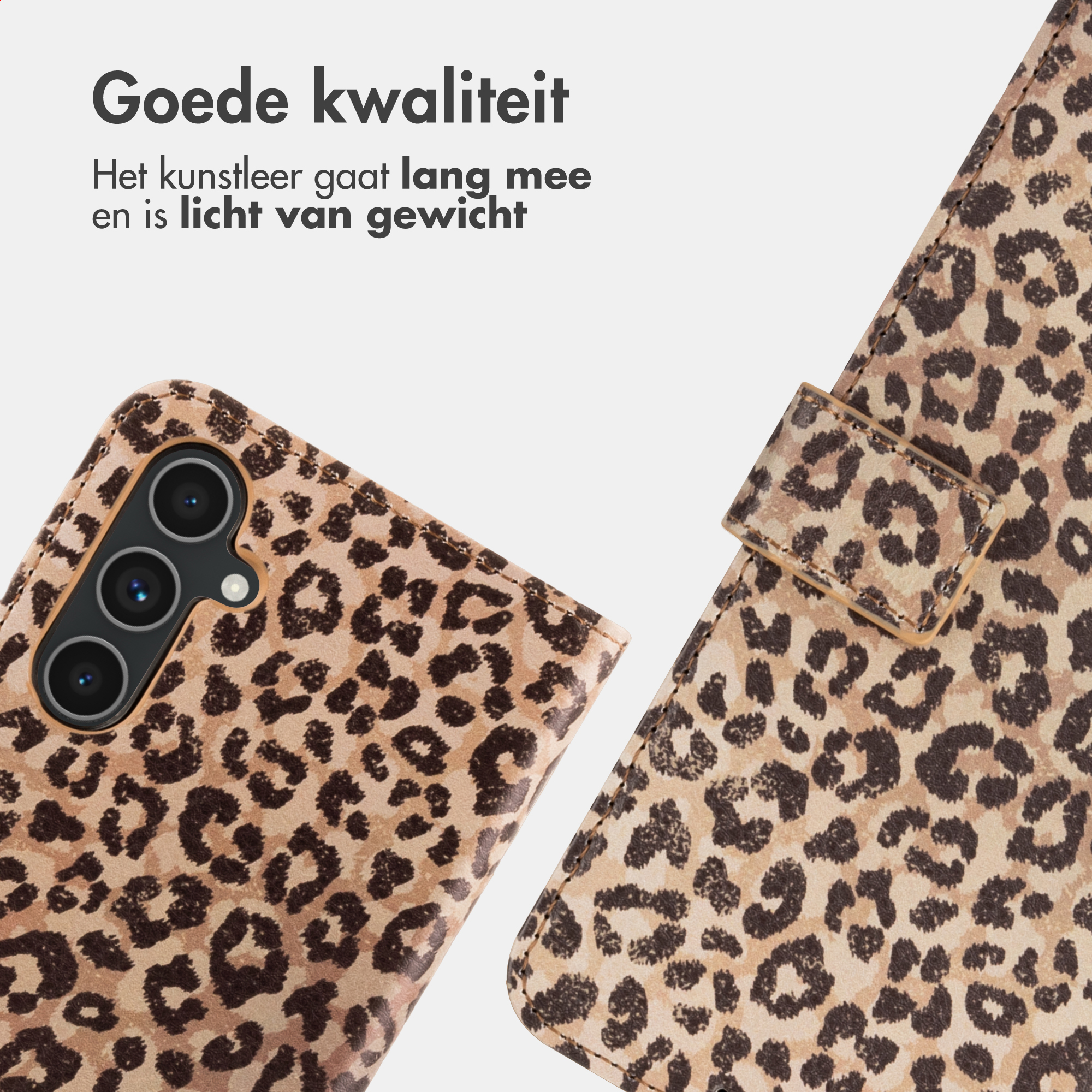 Leopard print phone case with camera cutouts and a magnetic flap closure on a white background.