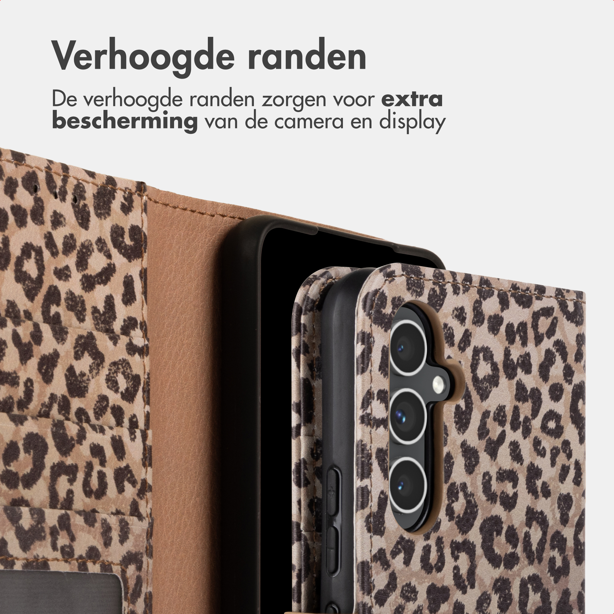 Leopard print phone case with raised edges protecting camera and display.