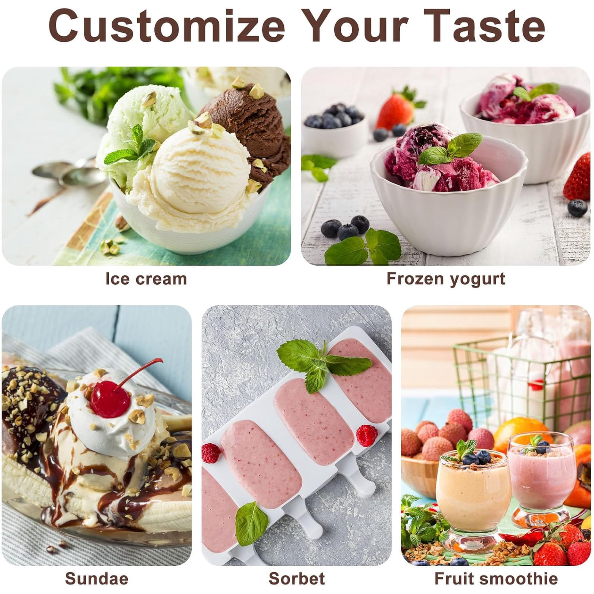 Eine Collage mit Eis, gefrorenem Joghurt, Eisbecher, Sorbet und Fruchtshakes.