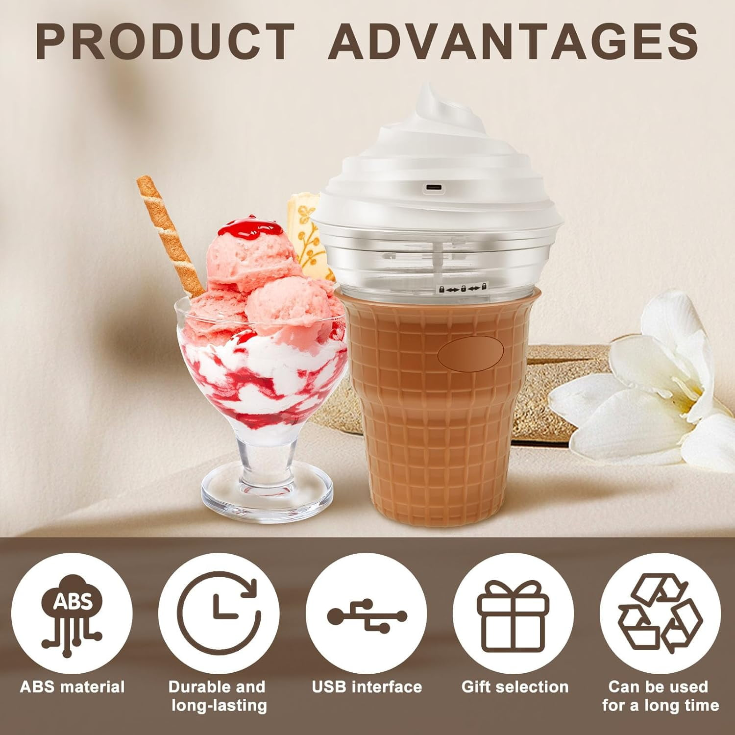Produktvorteile: Eisdessert und Eisbereiter, mit Symbolen für ABS, Langlebigkeit, USB, Geschenk.