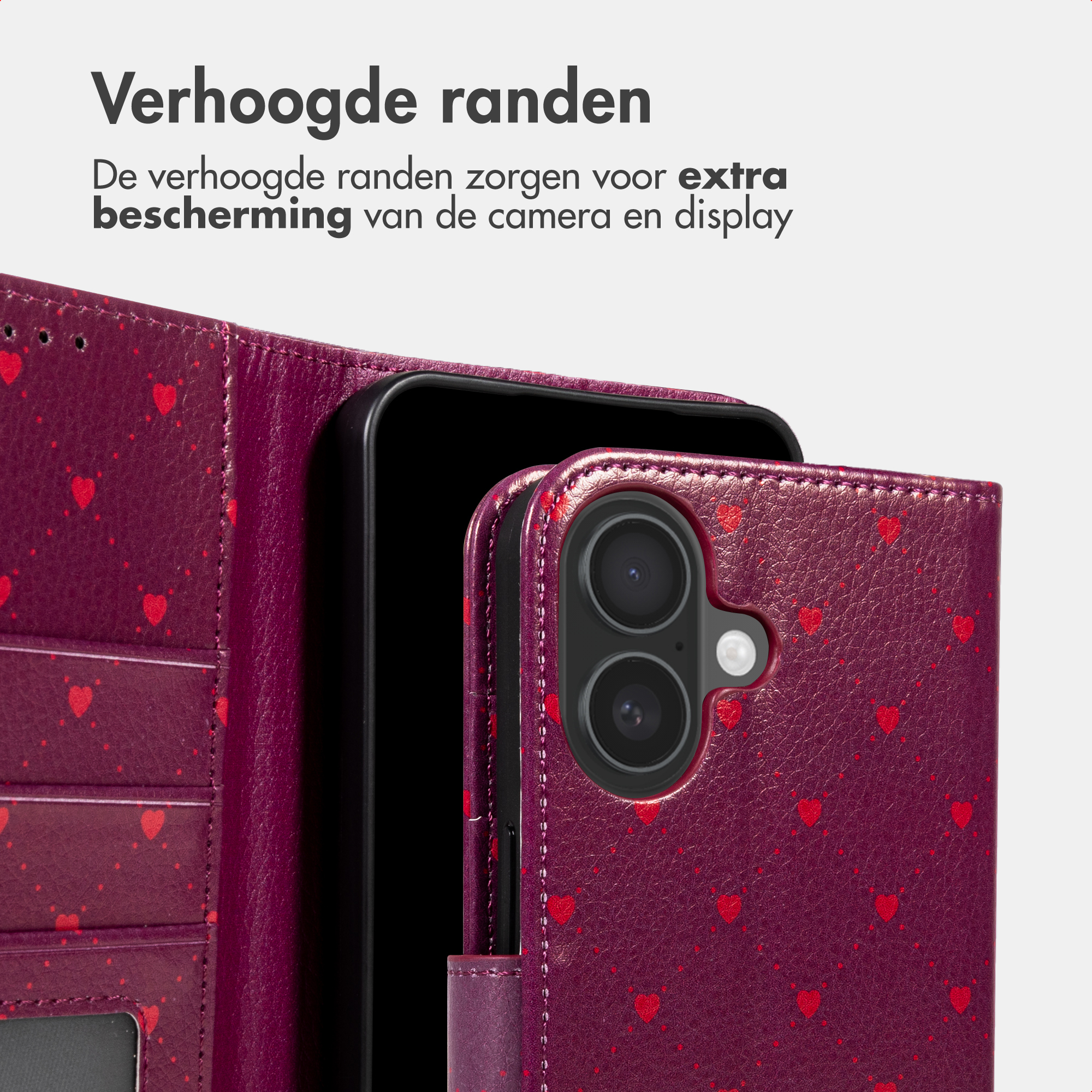 Una custodia per telefono rosso scuro con cuori, che protegge la fotocamera.