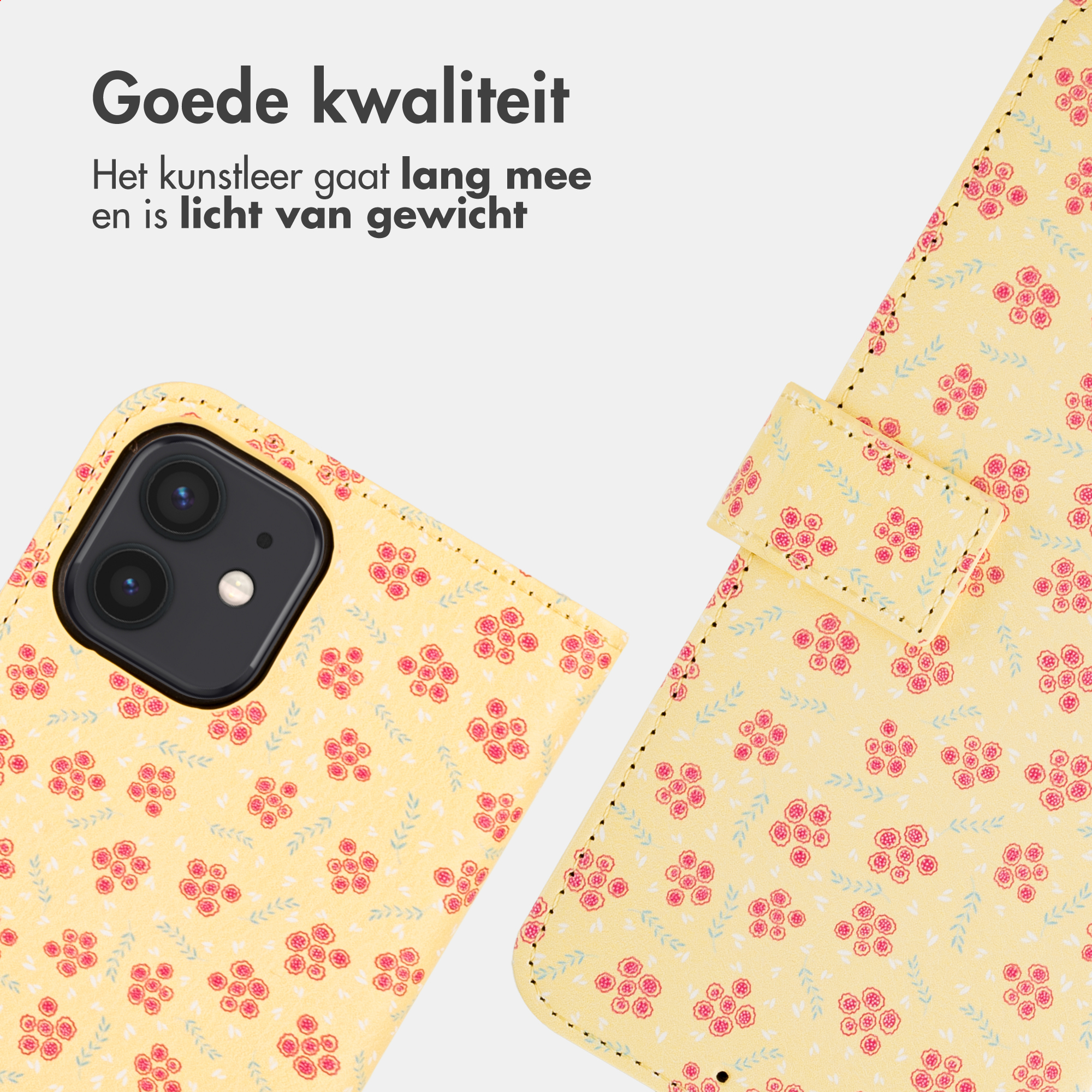 Gelbes Handyhülle mit rosa Blumenmuster und Kamerablende.