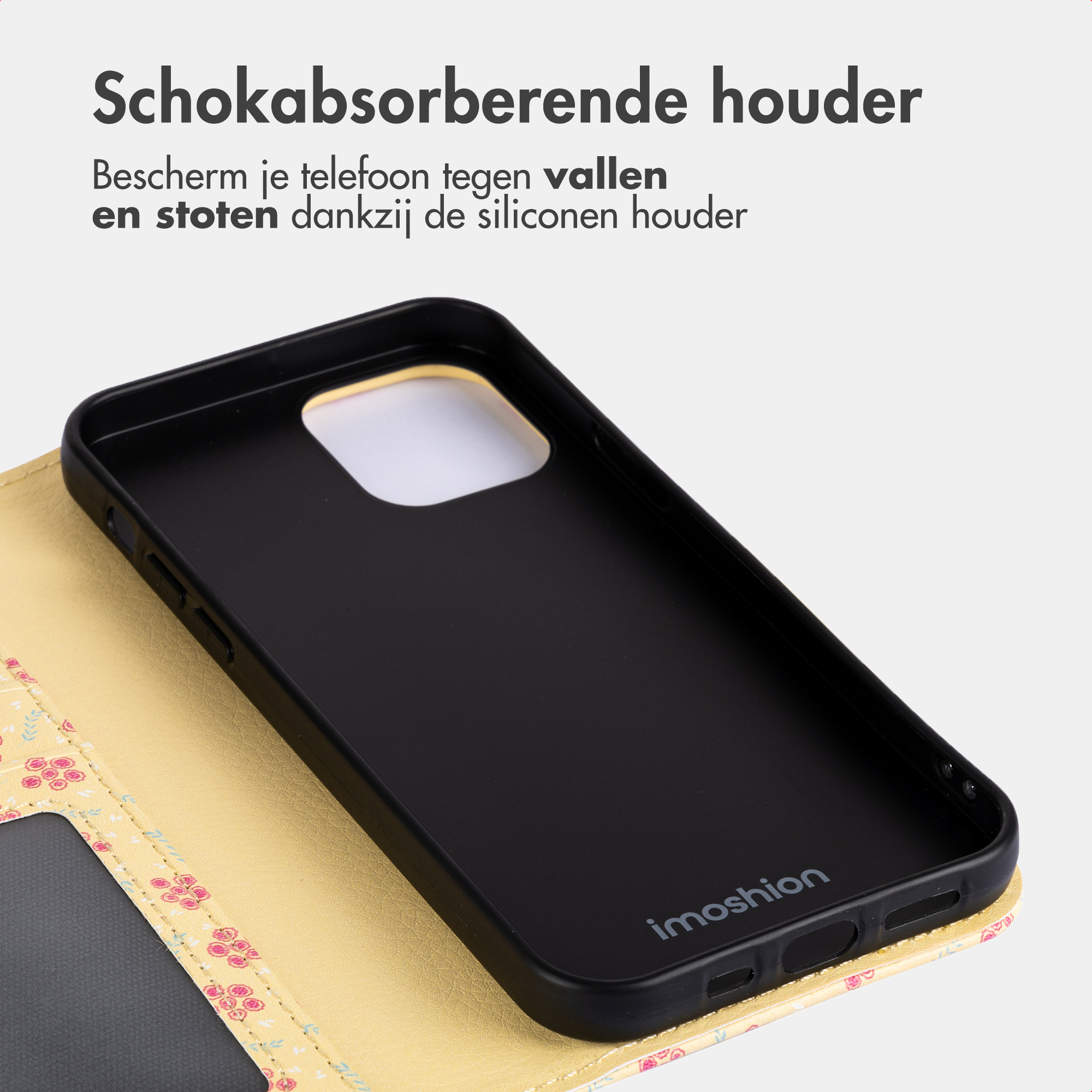 Ein schwarzes Handy-Case mit Blumenmuster auf gelbem Hintergrund. Marke: imoshion.