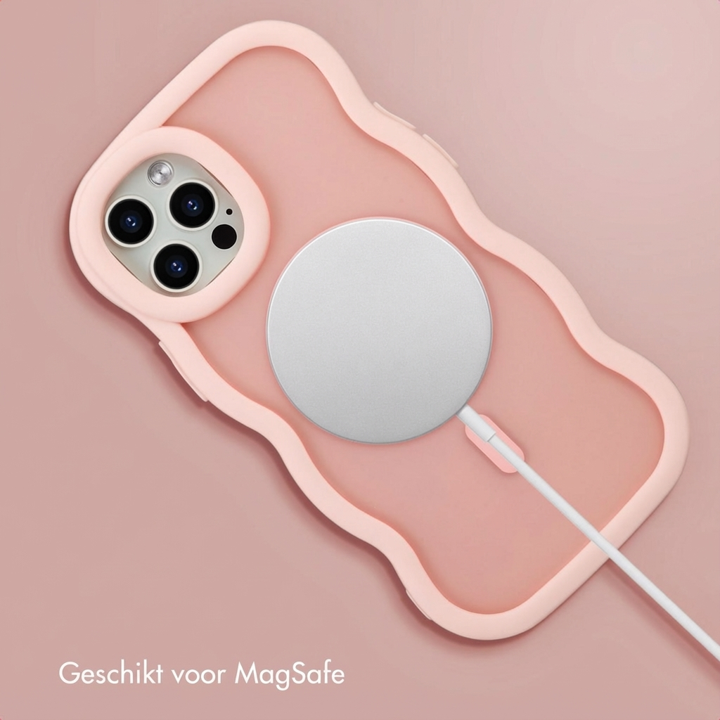 Una custodia rosa per iPhone con caricabatterie e cavo MagSafe.