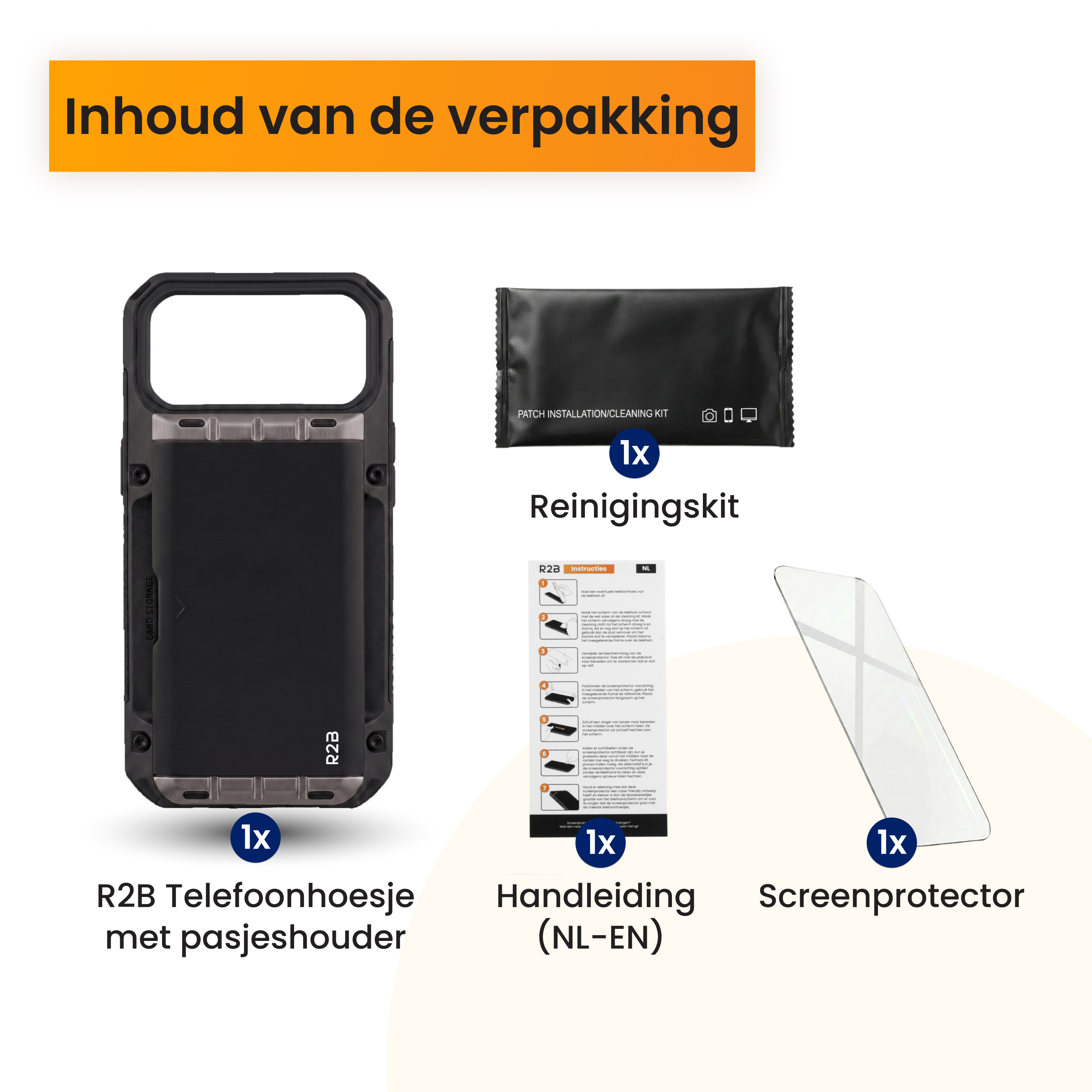 Inhoud verpakking: Telefoonhoesje, reinigingskit, handleiding, screenprotector.