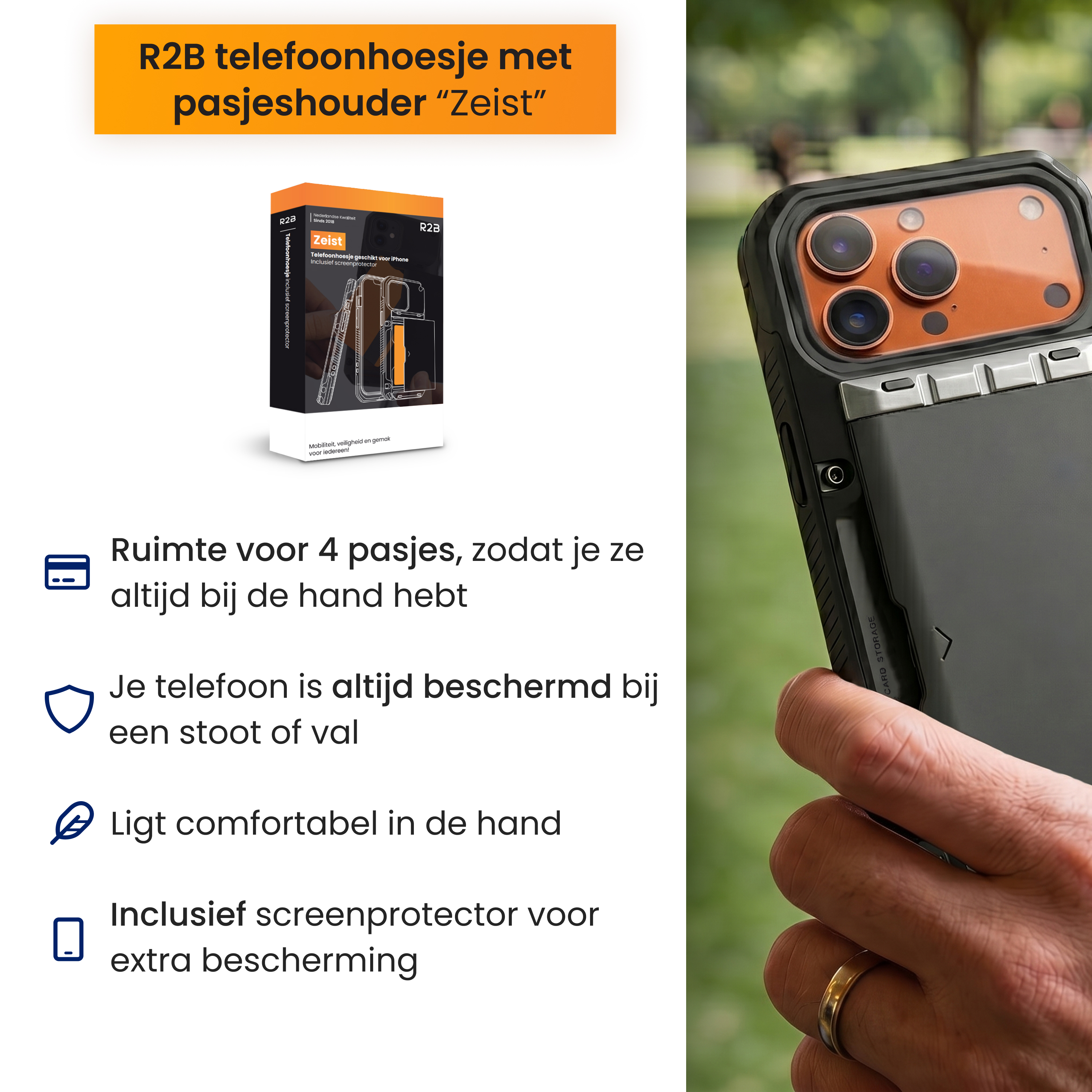 Zwarte iPhone hoes met kaarthouder en oranje accenten.