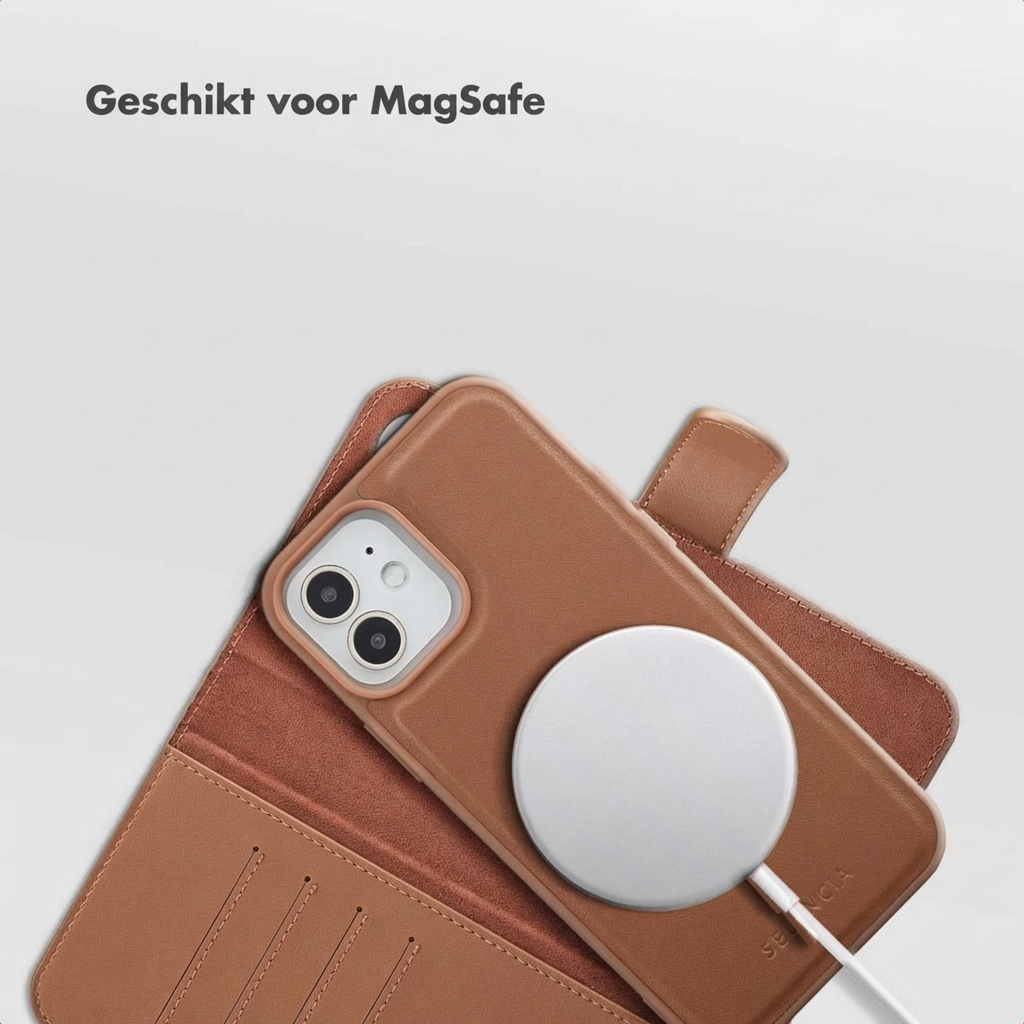 Brown leather iPhone case with MagSafe charger and cable.