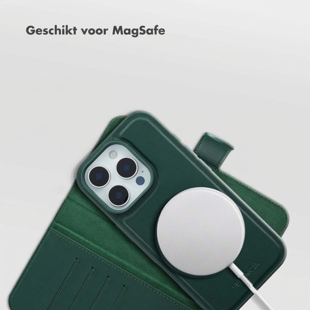 Un iPhone verde con caricatore MagSafe e custodia su sfondo grigio chiaro.