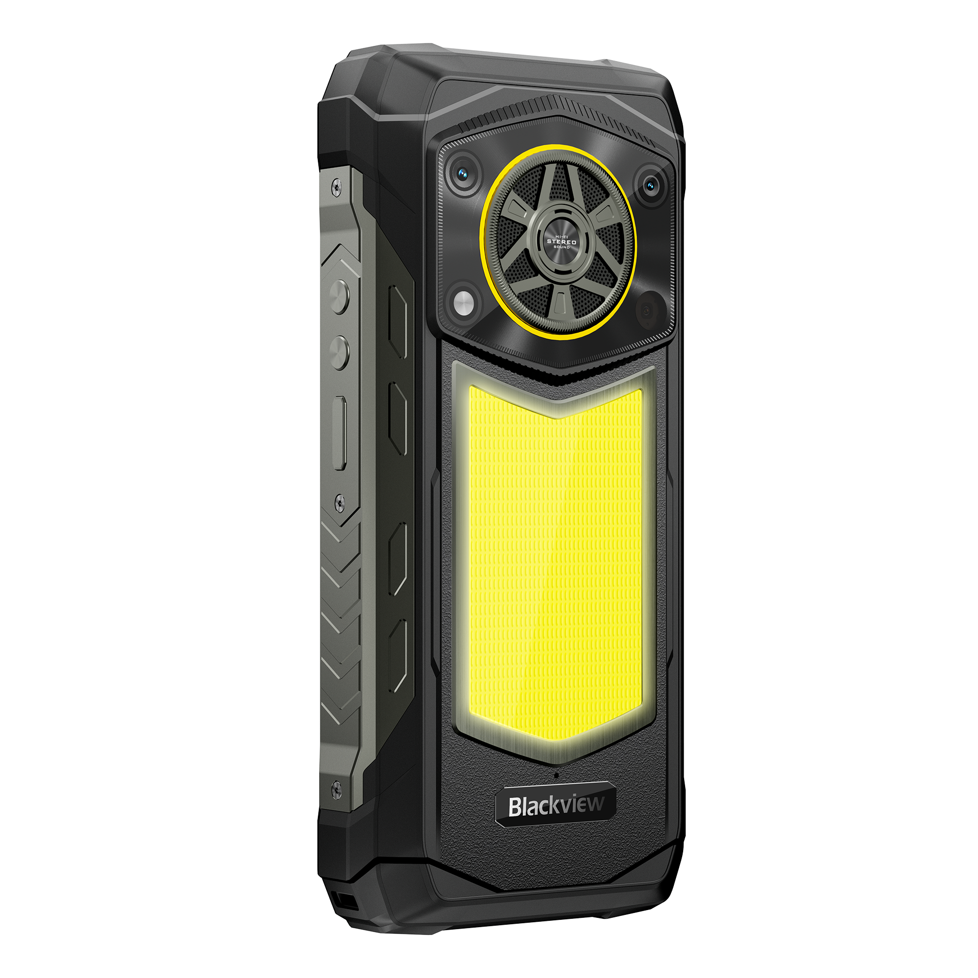 Robustes schwarzes Smartphone mit gelbem Licht-Panel und Kameras.