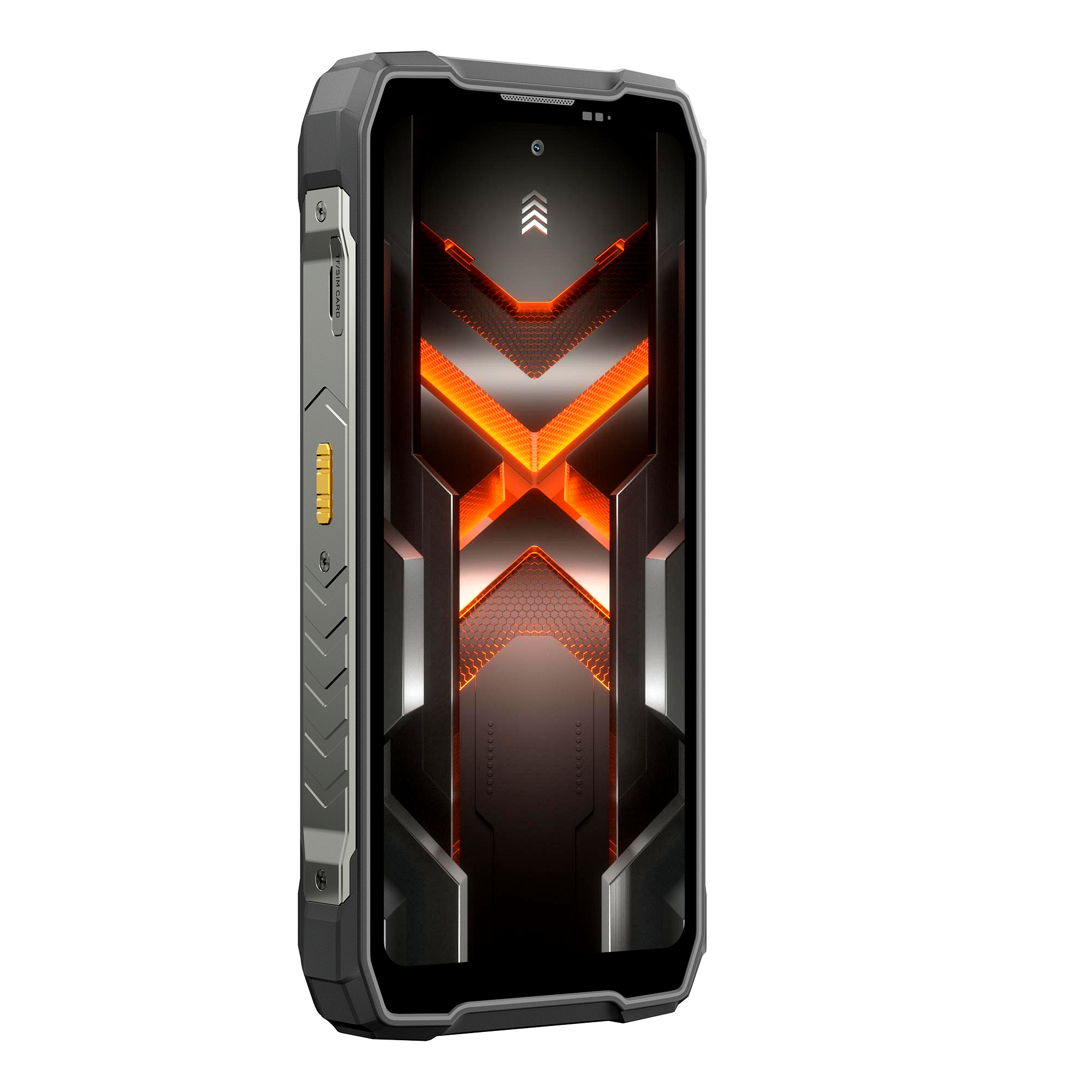 Robustes Smartphone mit X-förmigem, orange leuchtendem Muster auf dem Bildschirm.