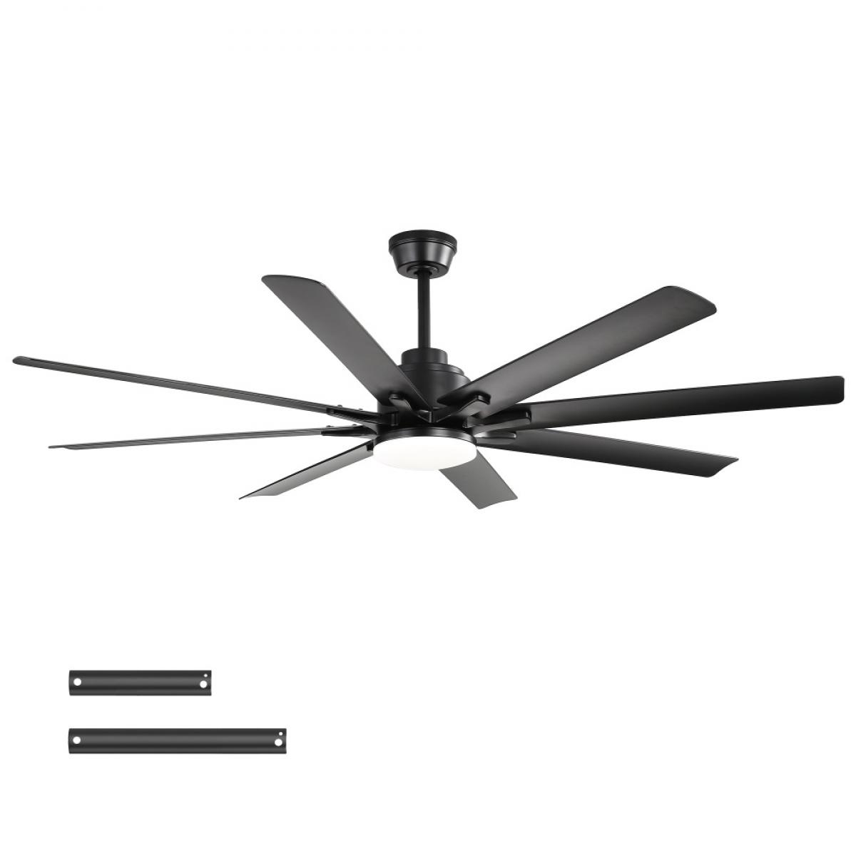 Ein schwarzer Deckenventilator mit acht Flügeln und einer runden LED-Leuchte in der Mitte, darunter zwei schwarze Metallstangen.