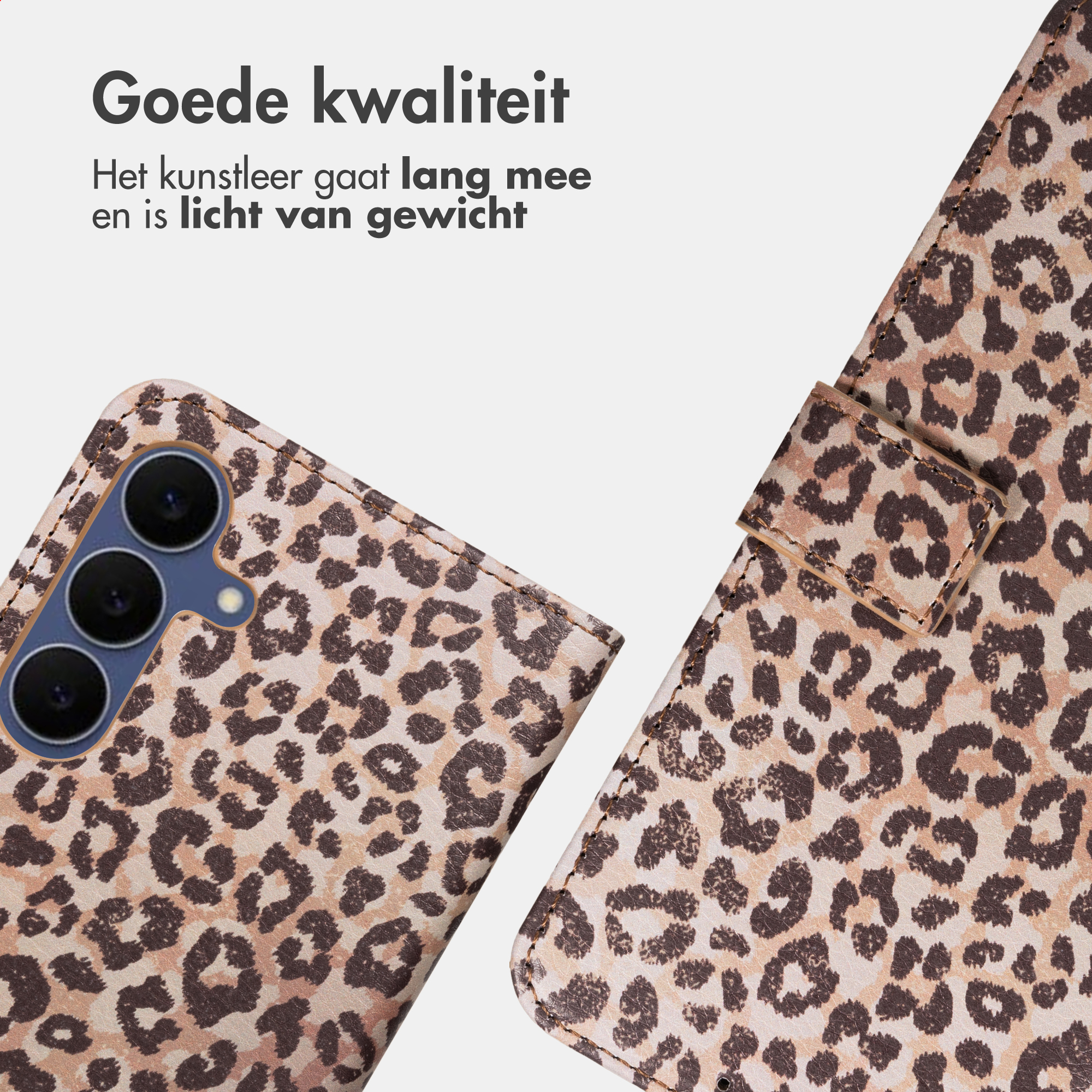 Leopard print phone case with three camera lenses and a leather strap.