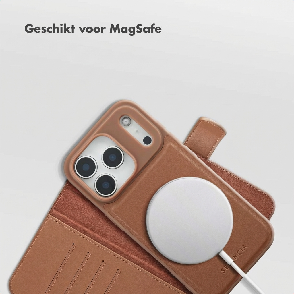 Brown iPhone with MagSafe charger and wallet case.