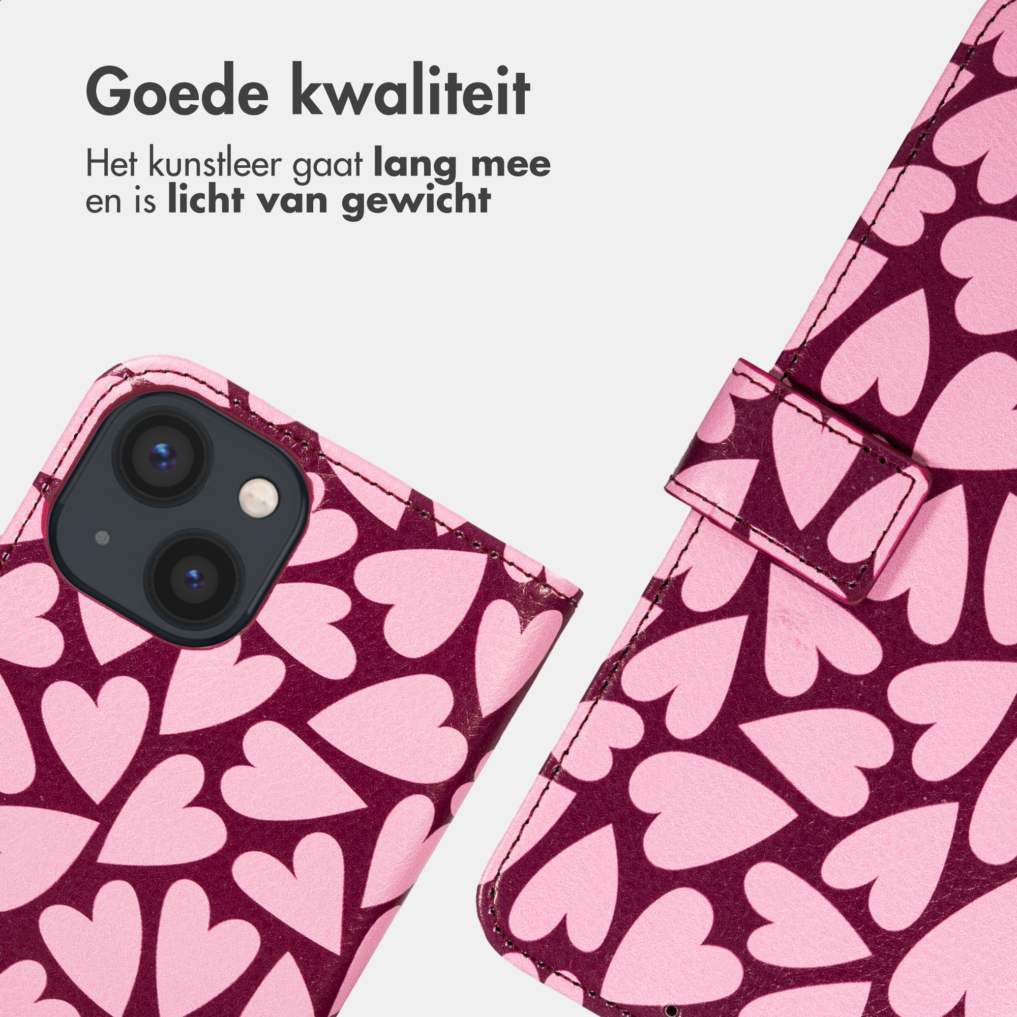 Una custodia rosa per telefono con motivi a cuori rosa scuro, parzialmente aperta, che mostra la fotocamera del telefono a sinistra.