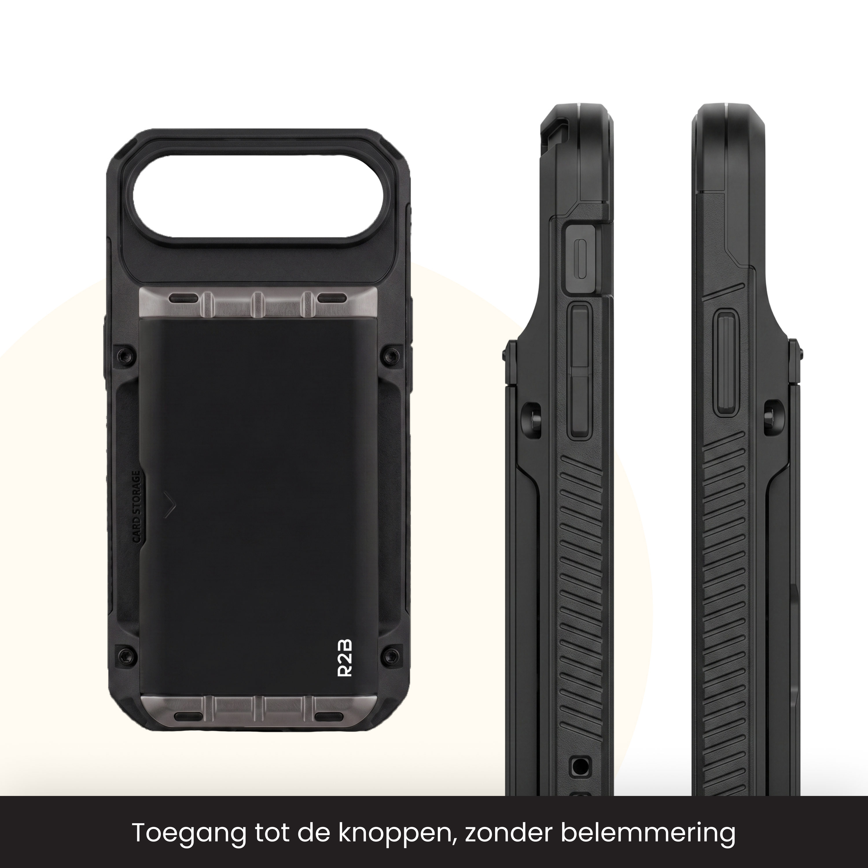 Eine schwarze Handyhülle mit Kartenfach auf der Rückseite und Seitenansichten mit Knopfzugang.