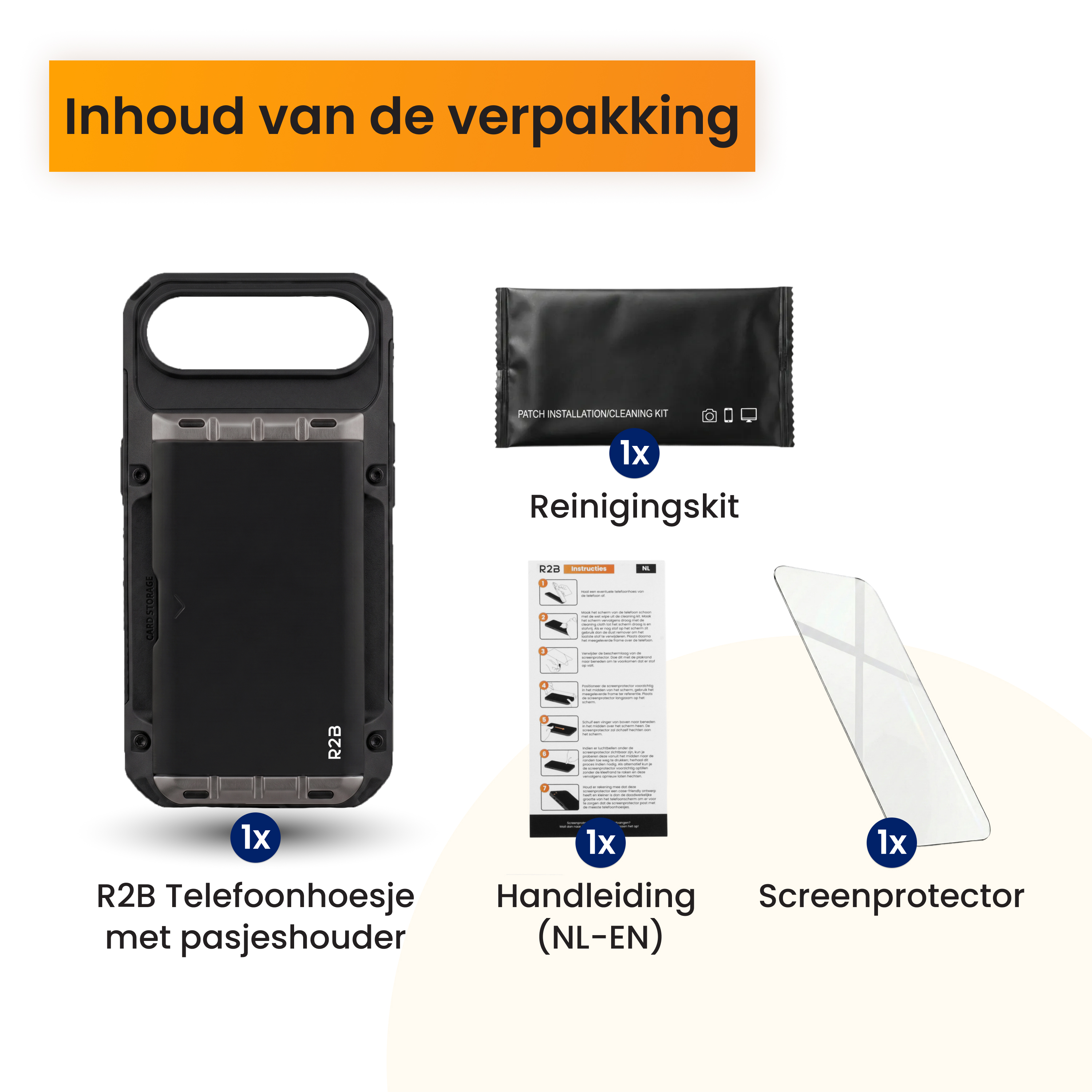 Verpackungsinhalt: Handyhülle, Reinigungskit, Anleitung, Displayschutz.