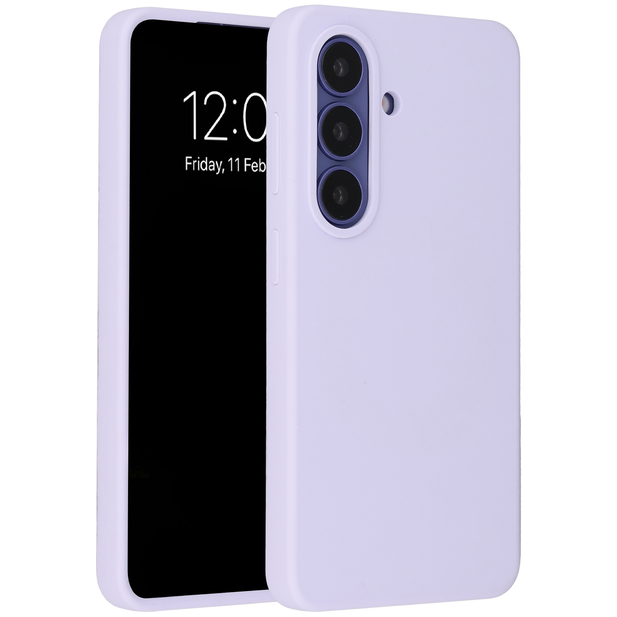 Ein hellviolettes Handy mit Kameras und einer Uhrzeit 12:00 auf dem Bildschirm.