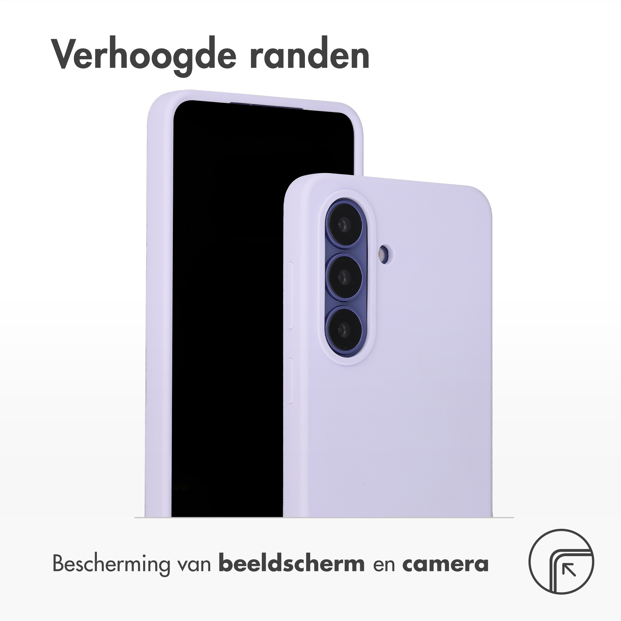 Ein lila Handyhülle zeigt eine dreifache Kamera. Erhöhte Ränder.
