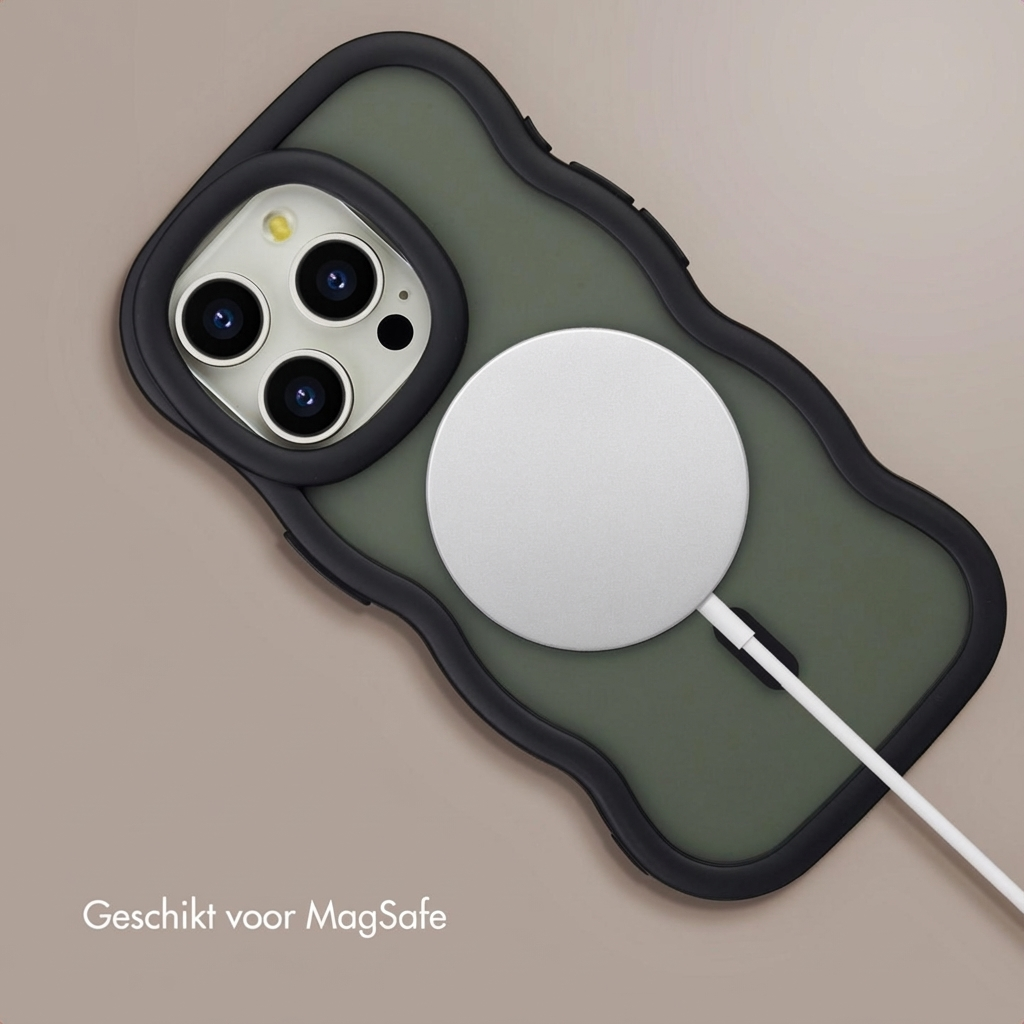 Custodia verde scuro con caricatore MagSafe e modulo fotocamera.