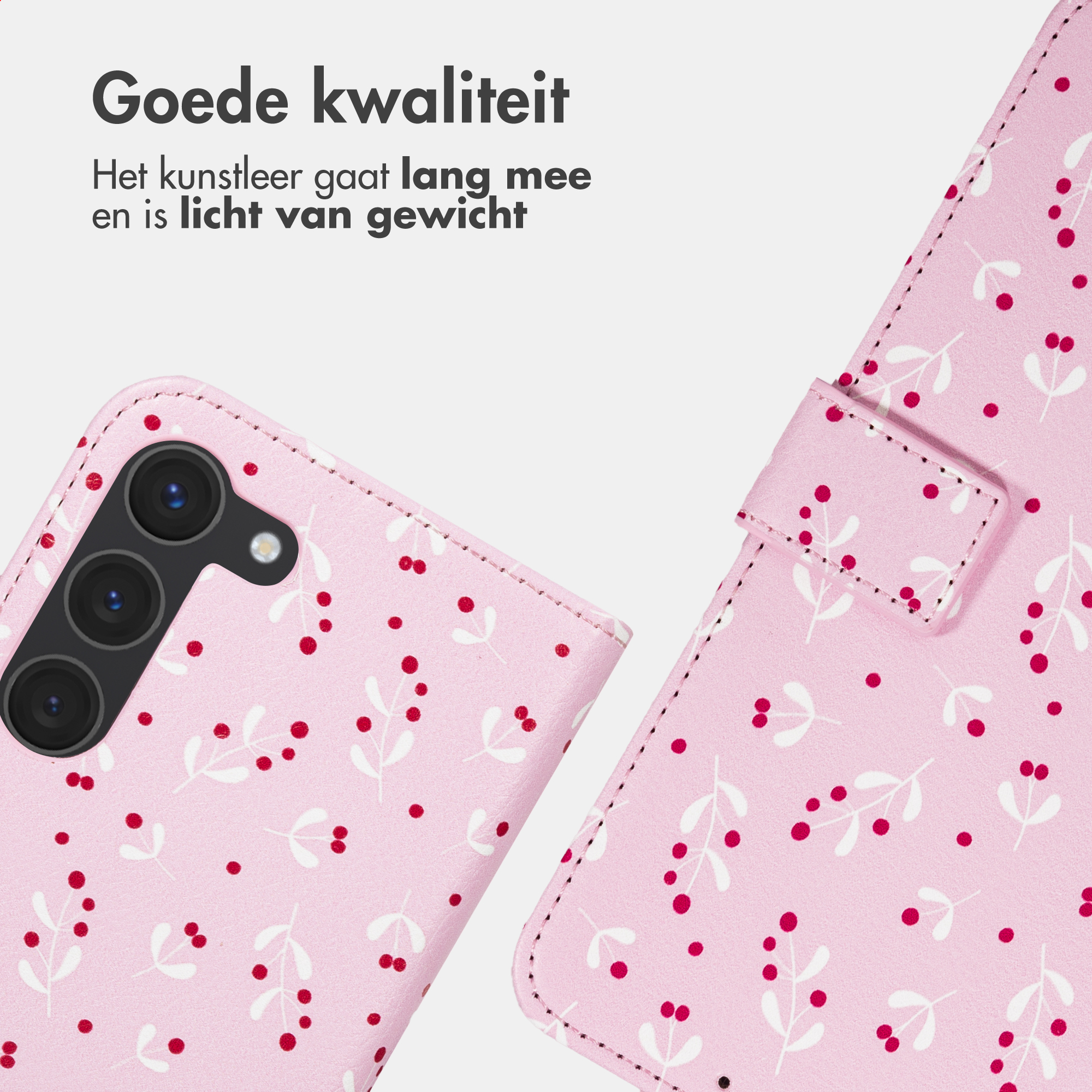 Custodia rosa per telefono con motivo a bacche bianche e modulo fotocamera.