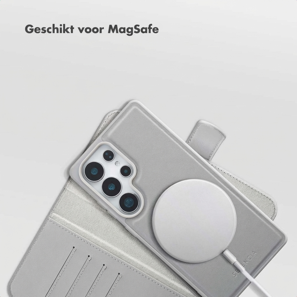 Custodia grigia per telefono con caricatore MagSafe e array di fotocamere.