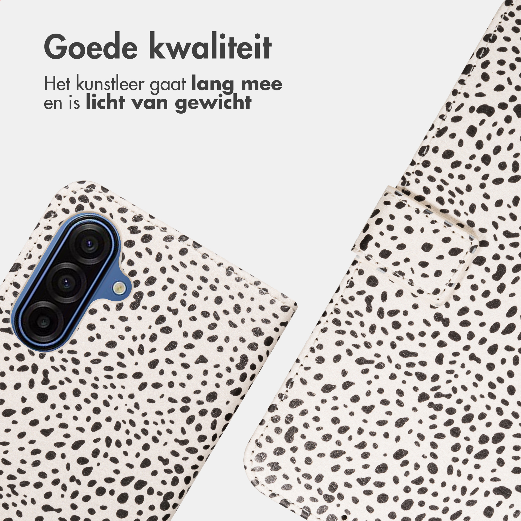 Una custodia bianca per telefono con macchie nere a dalmata, con fotocamera visibile e testo su qualità e materiale leggero.