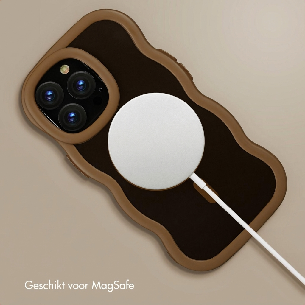 Custodia marrone per iPhone con caricatore MagSafe e cavo bianco.