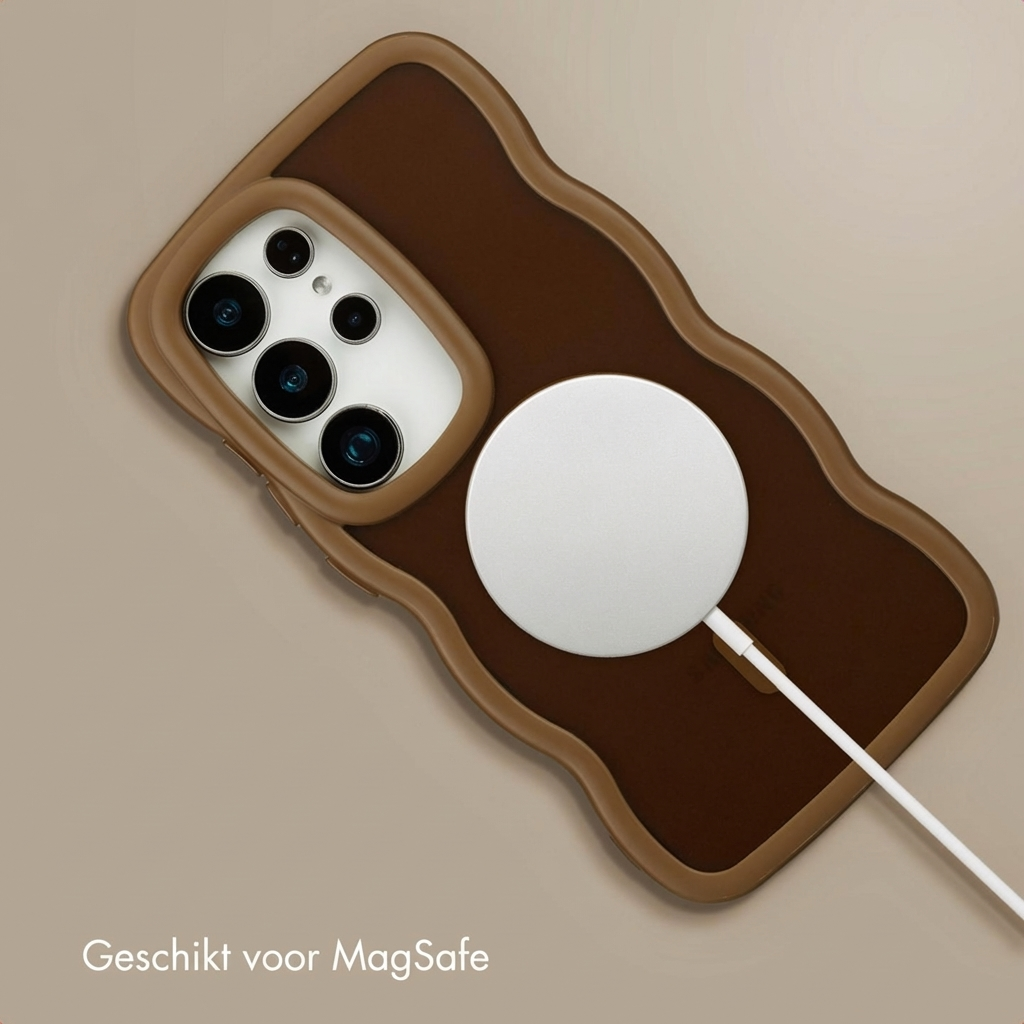 Cover marrone per telefono con caricatore MagSafe e cavo.
