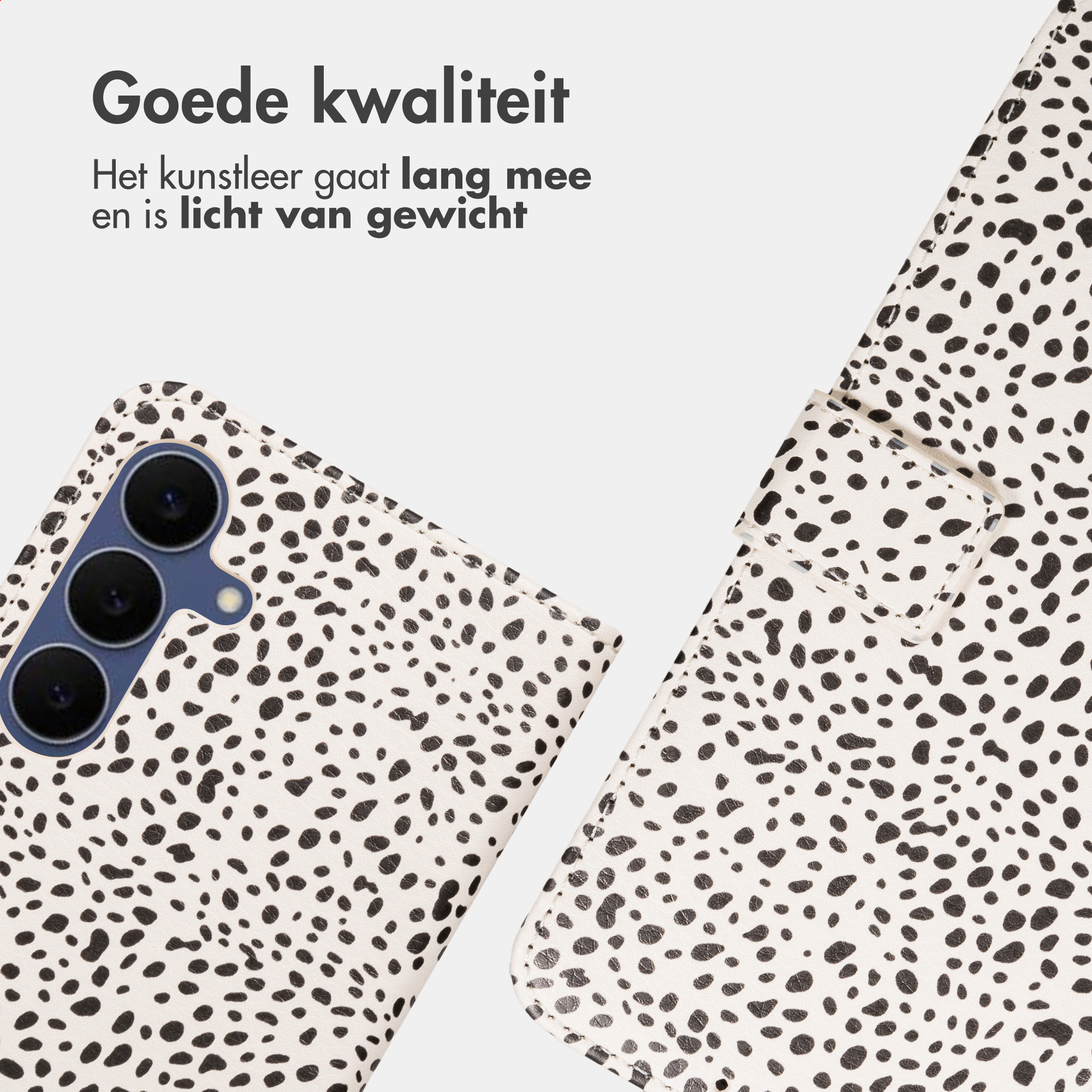A phone case with a dalmatian-like pattern of black spots on a white background.