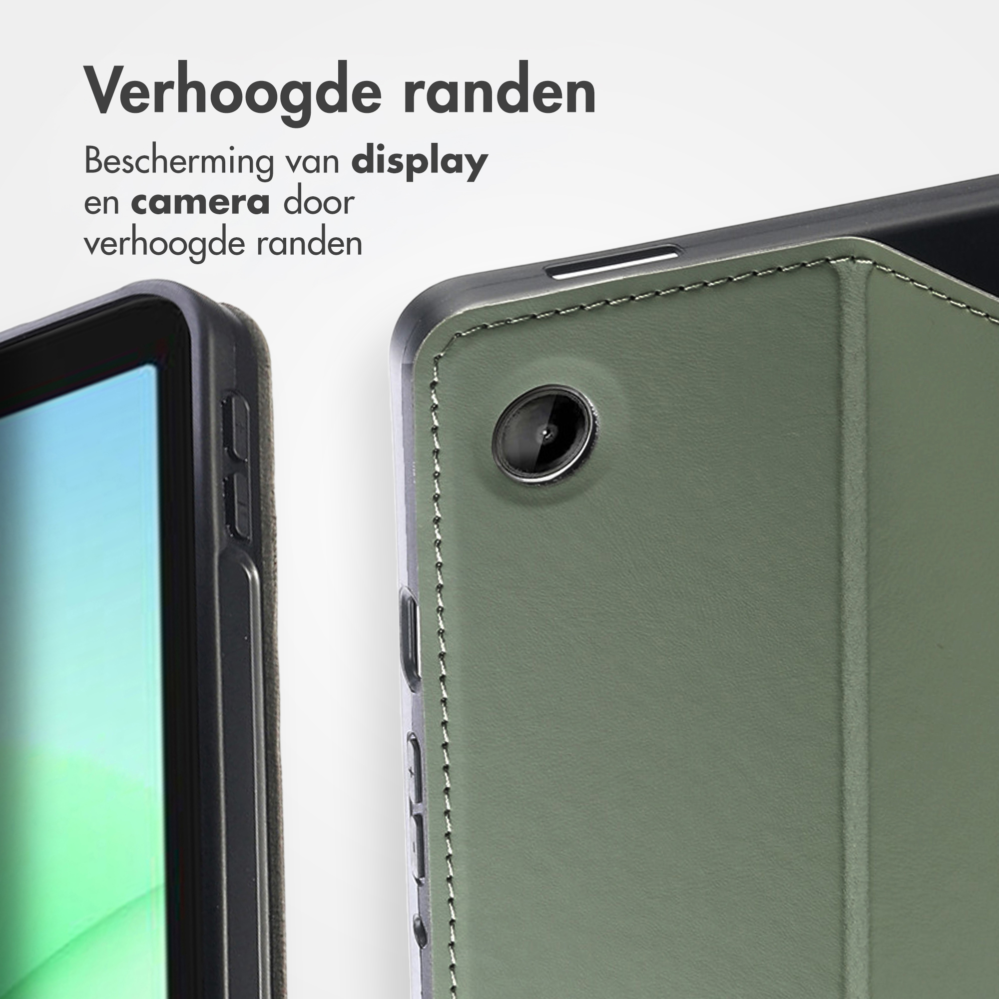 Close-up van een tablethoes met verhoogde randen, ter bescherming van camera en display.